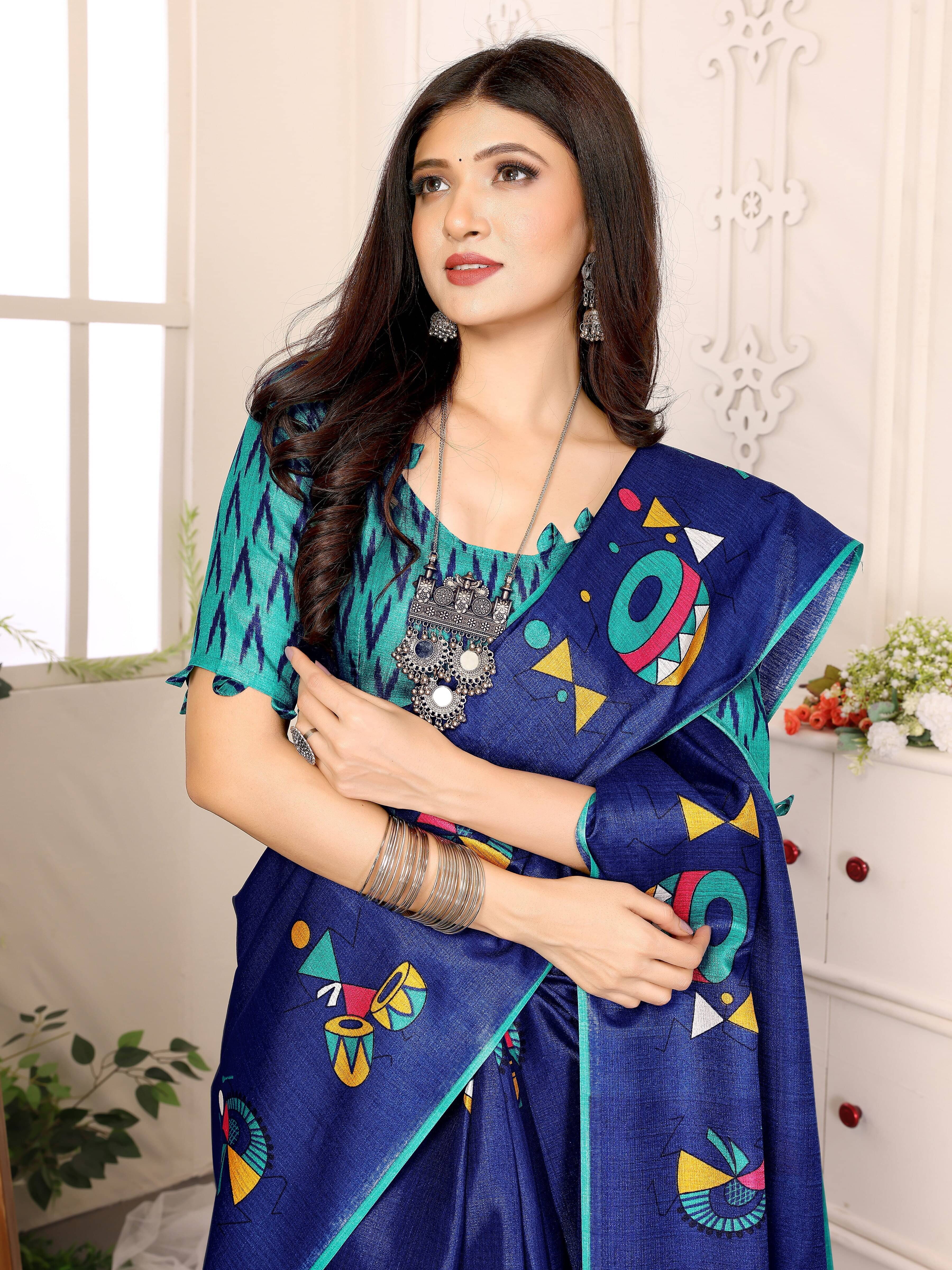 Yashika Art Silk Printed Saree With Unstitched Blouse Piece ( Blue )     			Yashika Art Silk Printed Saree With Unstitched Blouse Piece ( Blue )