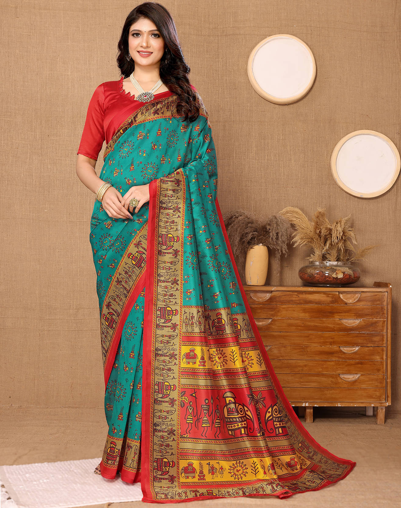     			Yashika Art Silk Printed Saree With Unstitched Blouse Piece ( Blue )