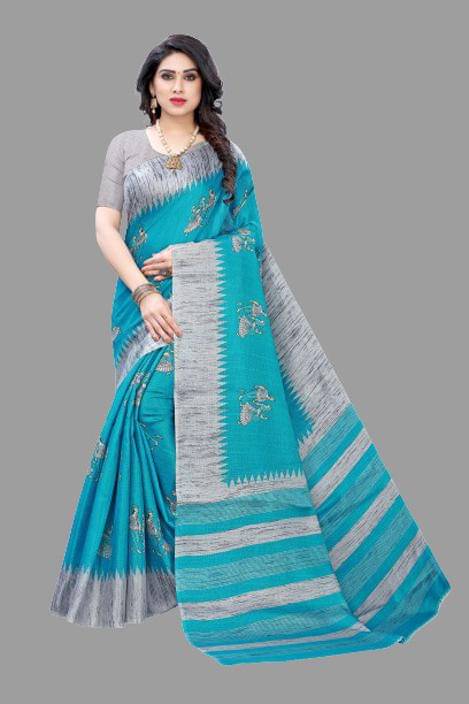     			Yashika Art Silk Printed Saree With Unstitched Blouse Piece ( Blue )