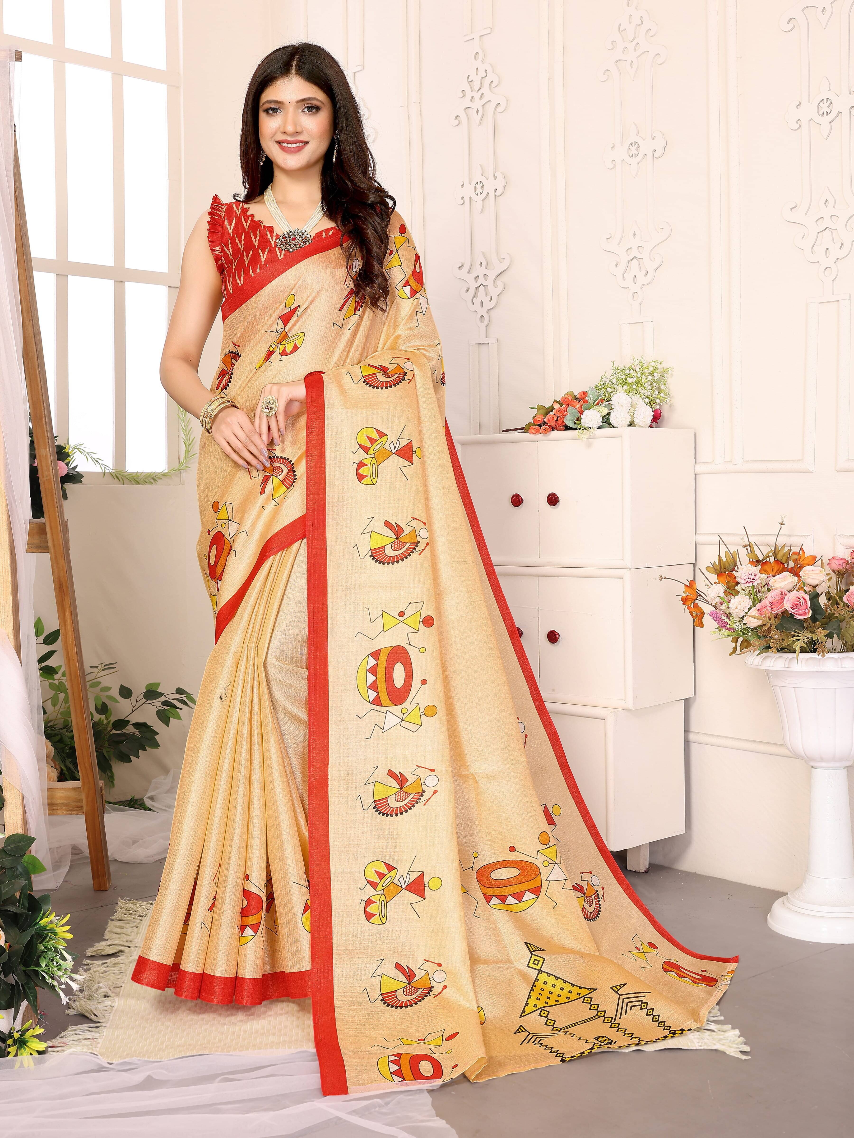     			Yashika Art Silk Printed Saree With Unstitched Blouse Piece ( Gold )