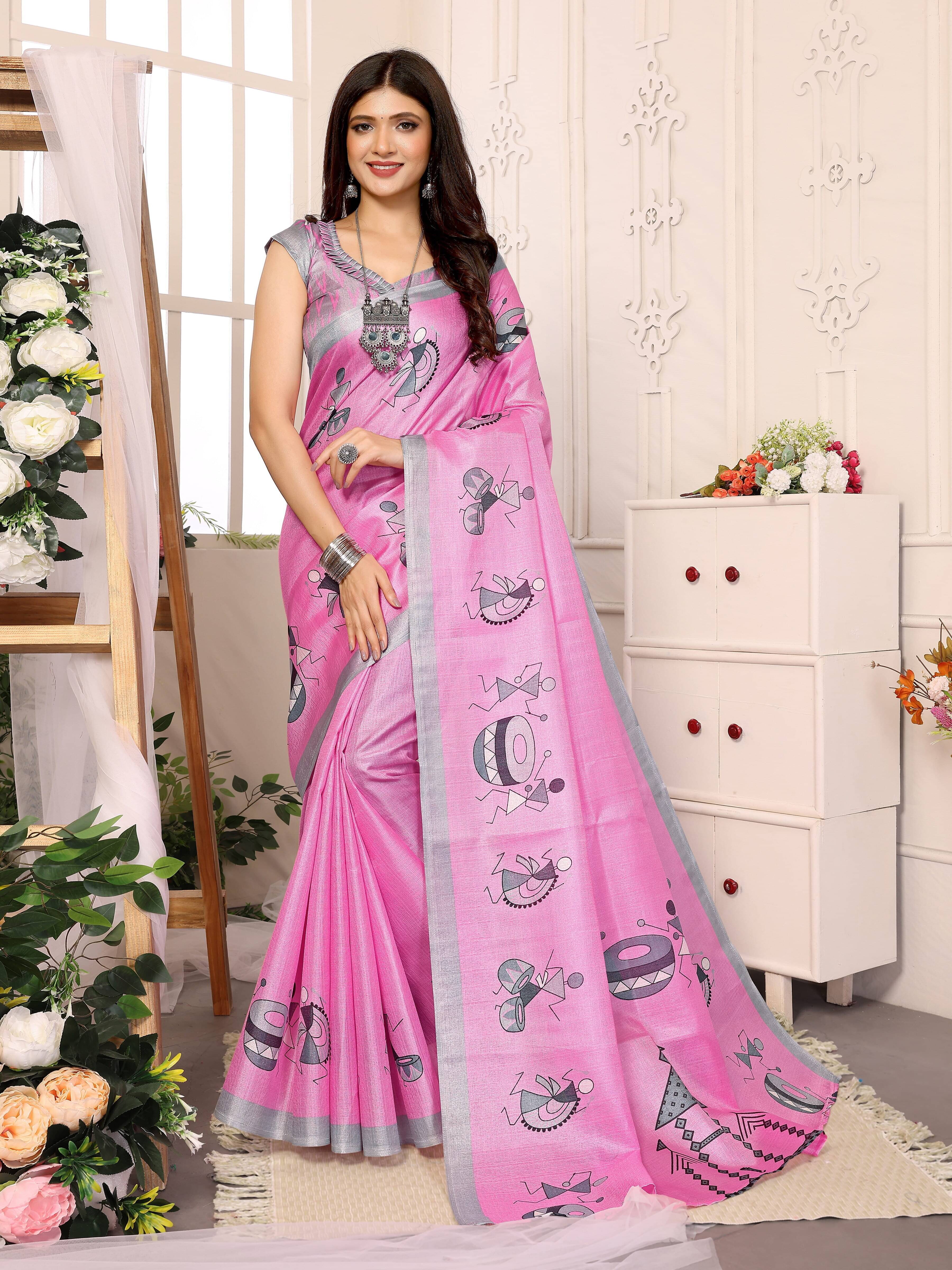 Yashika Art Silk Printed Saree With Unstitched Blouse Piece ( Pink ) Yashika Art Silk Printed Saree With Unstitched Blouse Piece ( Pink )