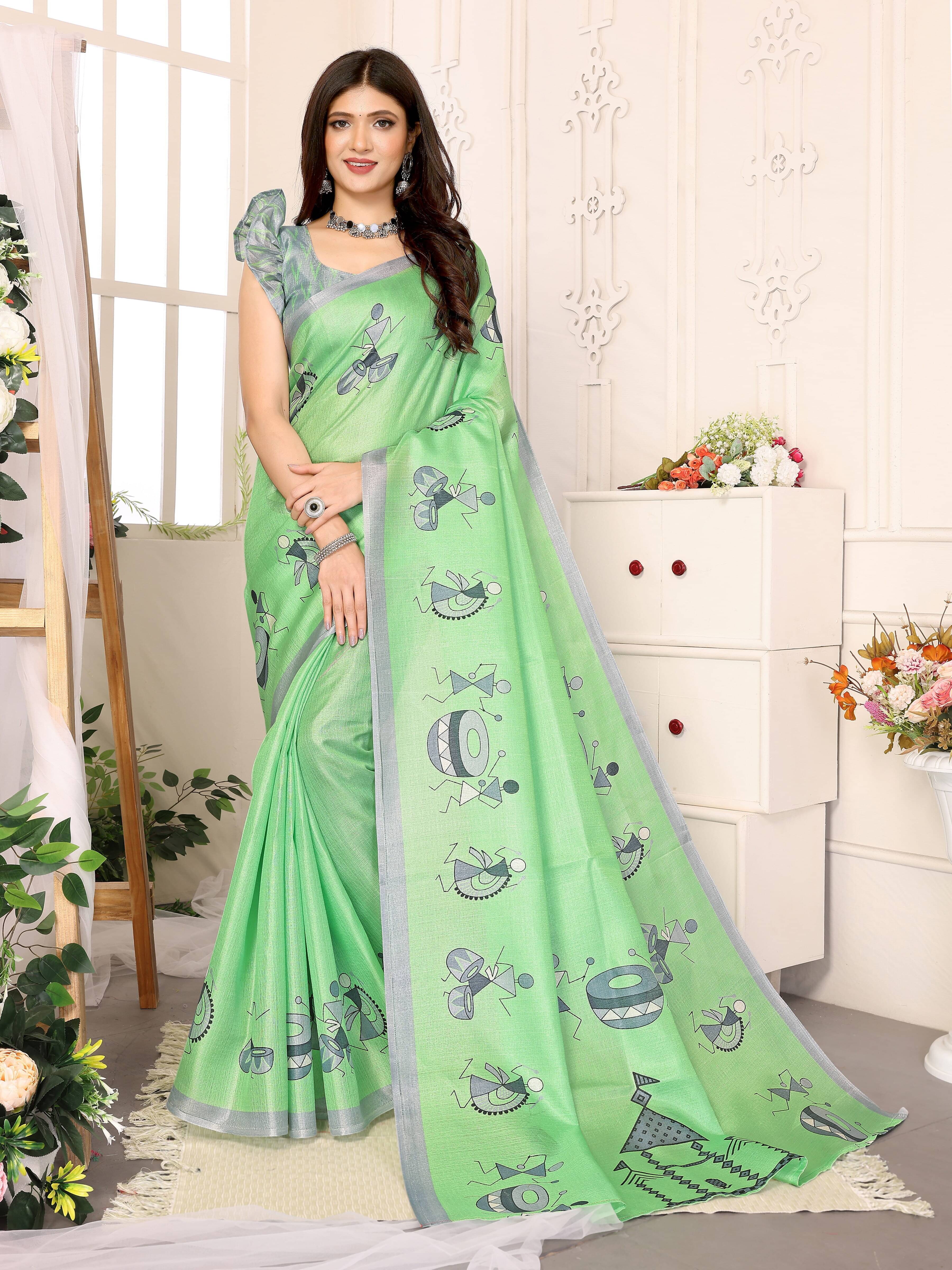 Yashika Art Silk Printed Saree With Unstitched Blouse Piece ( Green ) Yashika Art Silk Printed Saree With Unstitched Blouse Piece ( Green )