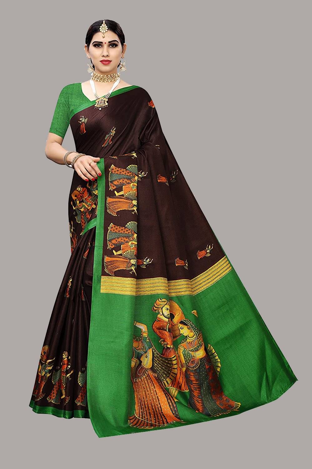     			Yashika Art Silk Printed Saree With Unstitched Blouse Piece ( Brown )
