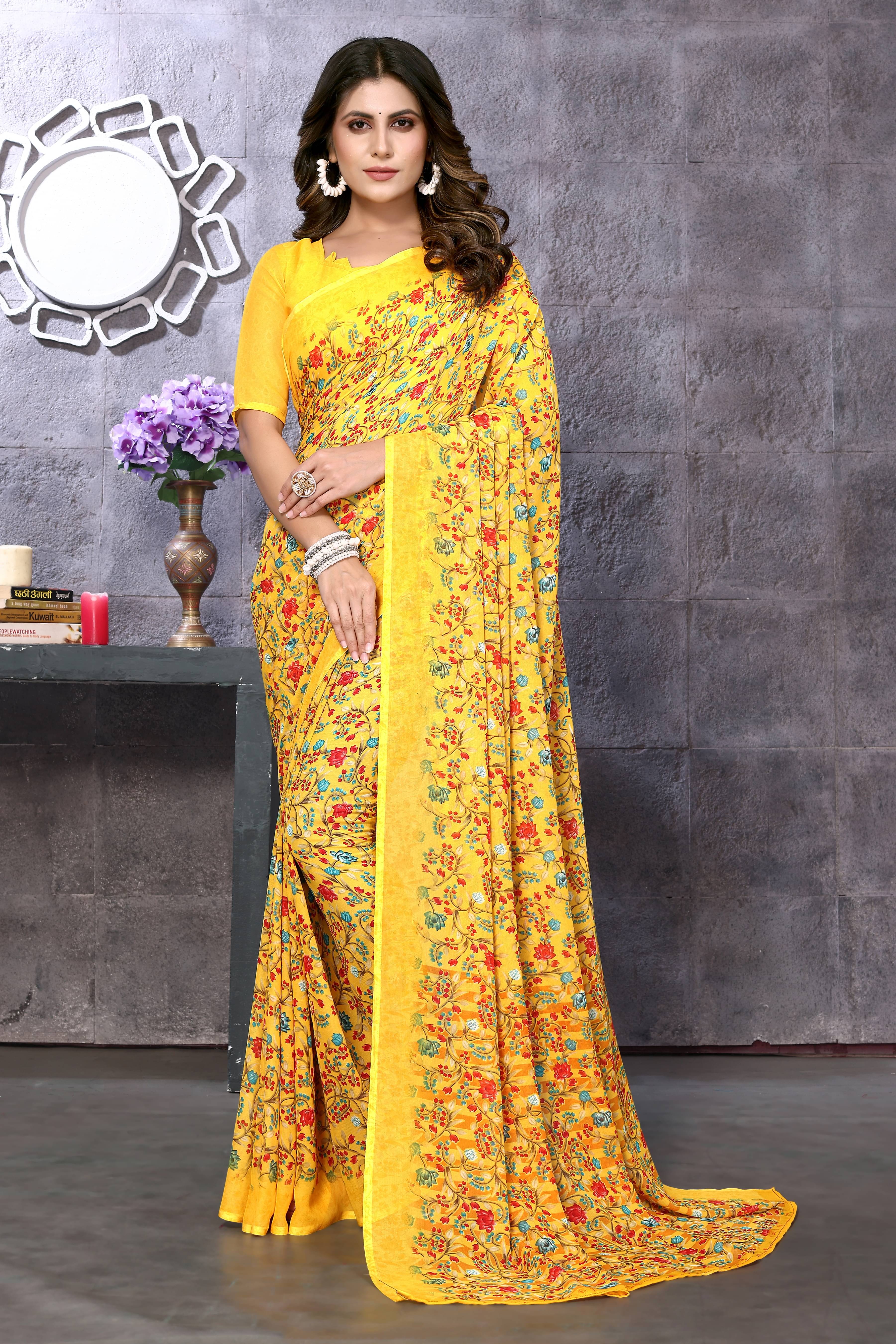 Yashika Georgette Printed Saree With Unstitched Blouse Piece ( Yellow ) Yashika Georgette Printed Saree With Unstitched Blouse Piece ( Yellow )