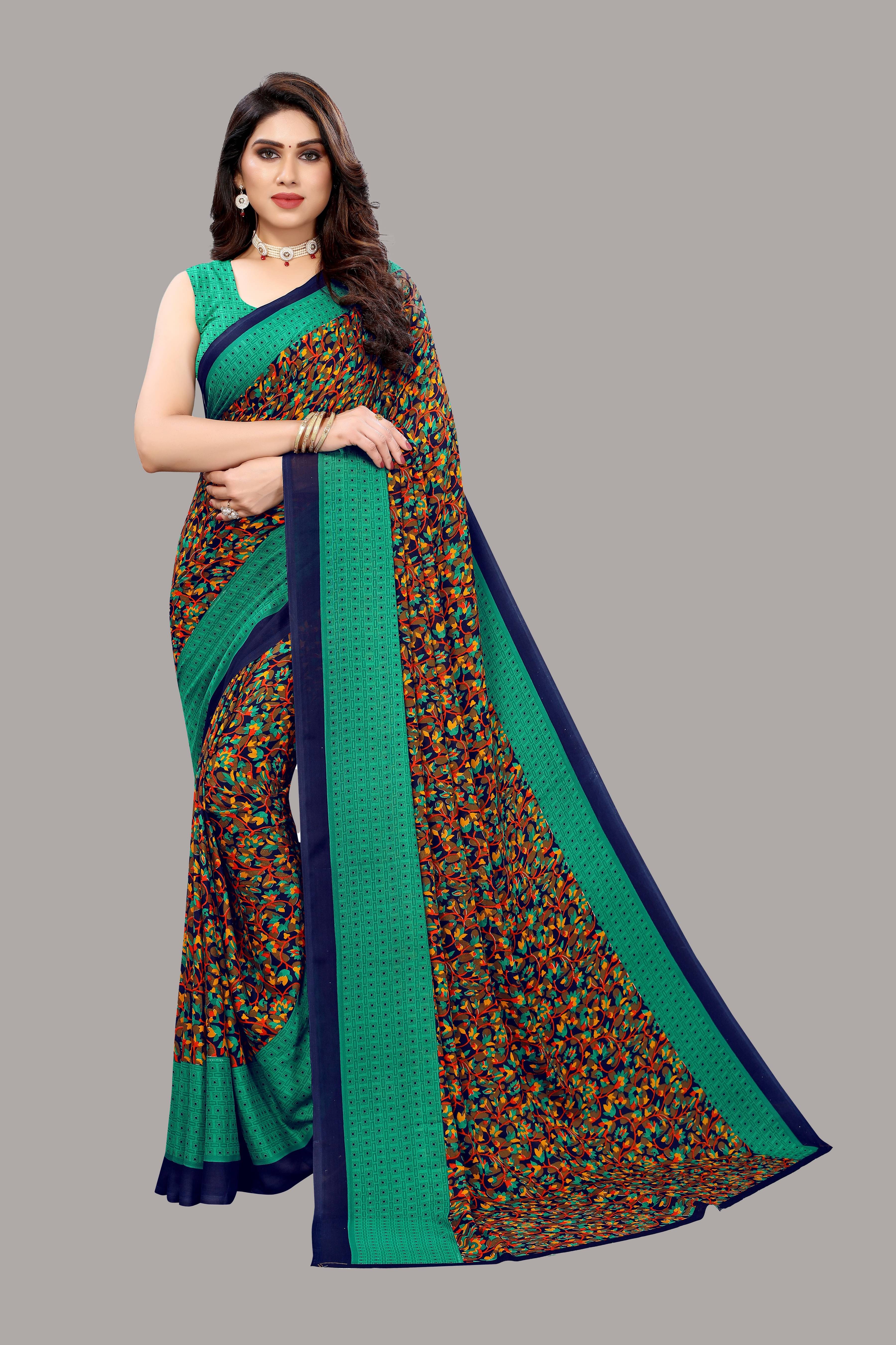     			Yashika Georgette Printed Saree With Unstitched Blouse Piece ( Green )