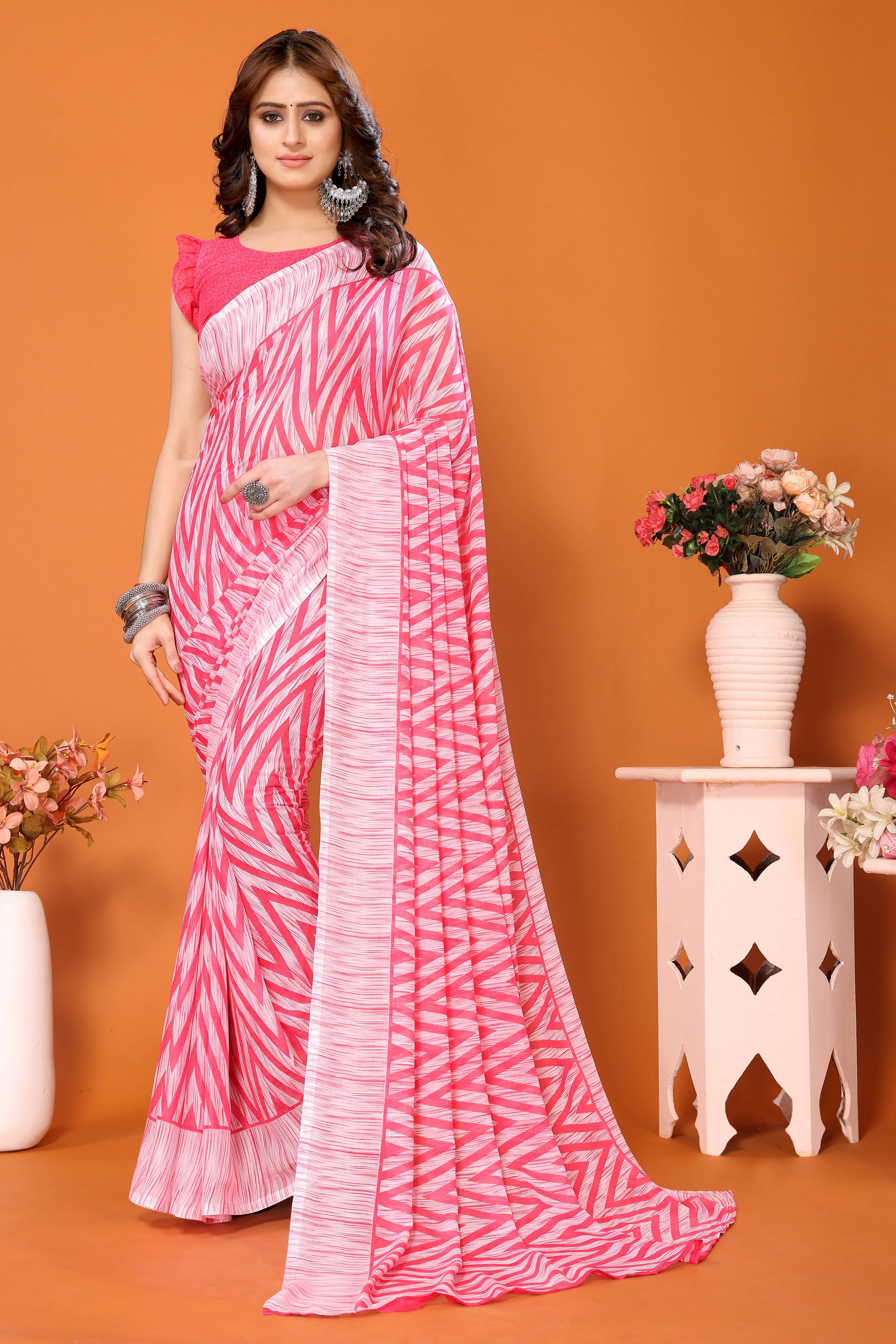     			Yashika Georgette Printed Saree With Unstitched Blouse Piece ( Pink )