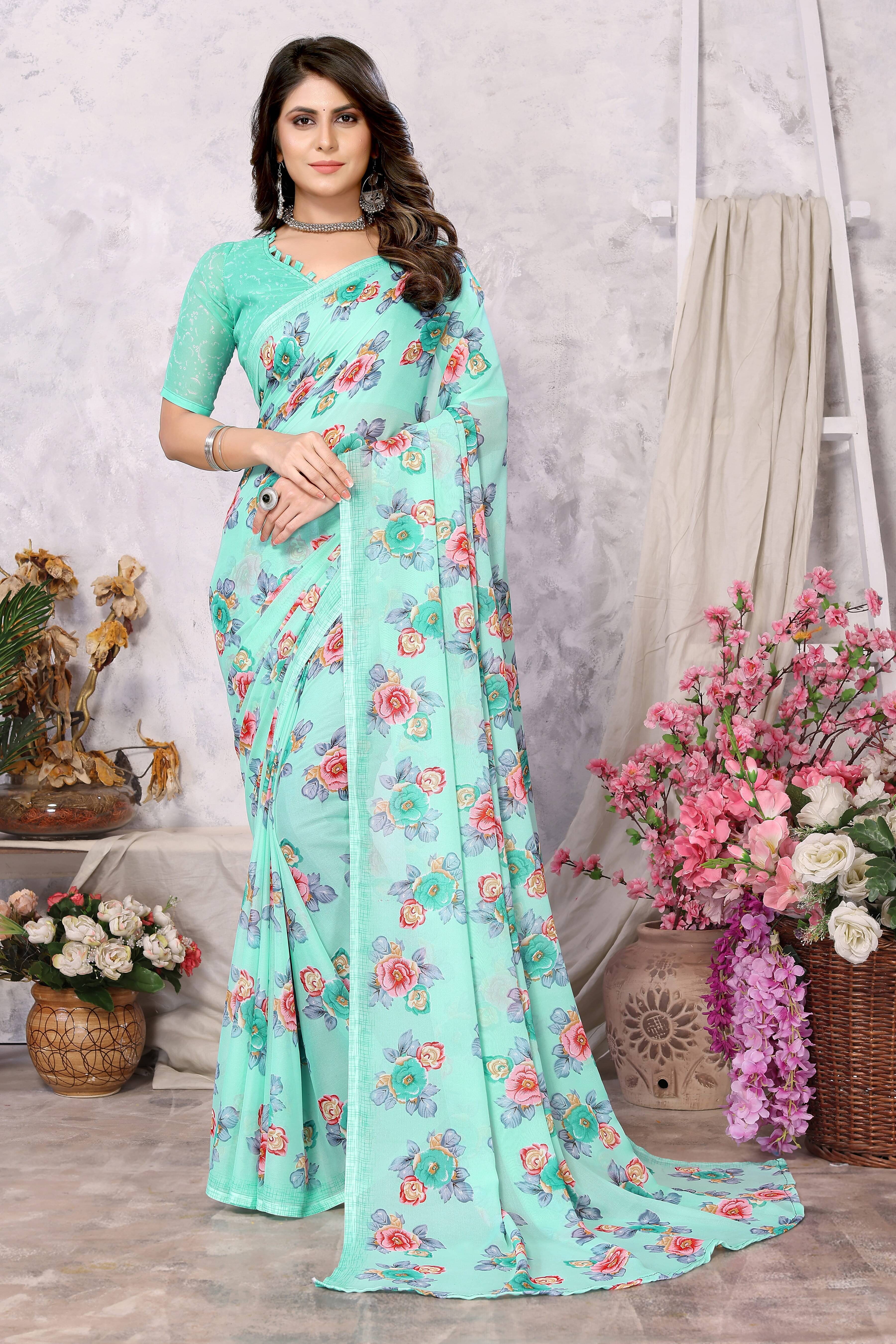 Yashika Georgette Printed Saree With Unstitched Blouse Piece ( Green ) Yashika Georgette Printed Saree With Unstitched Blouse Piece ( Green )