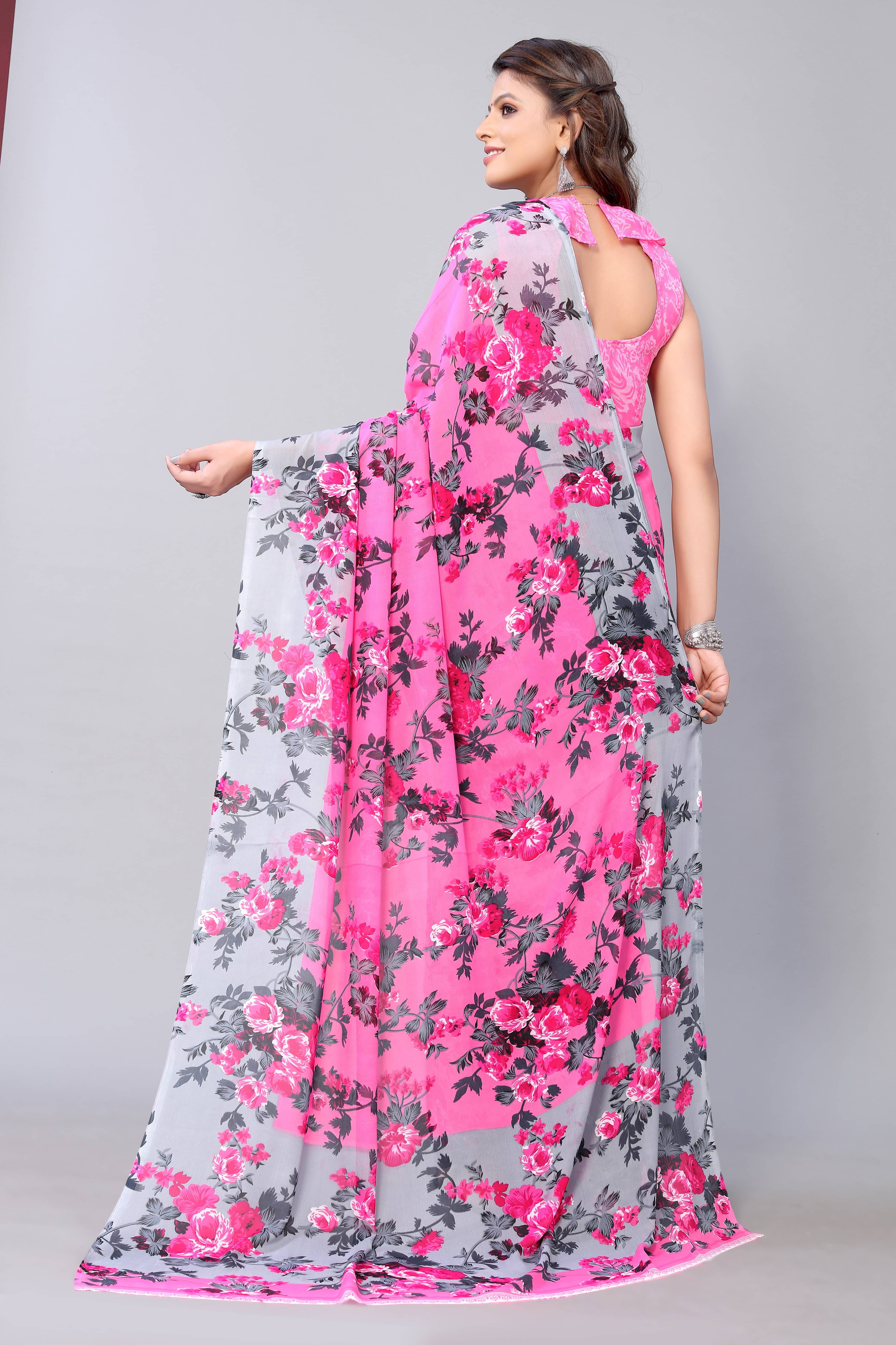     			Yashika Georgette Printed Saree With Unstitched Blouse Piece ( Pink )