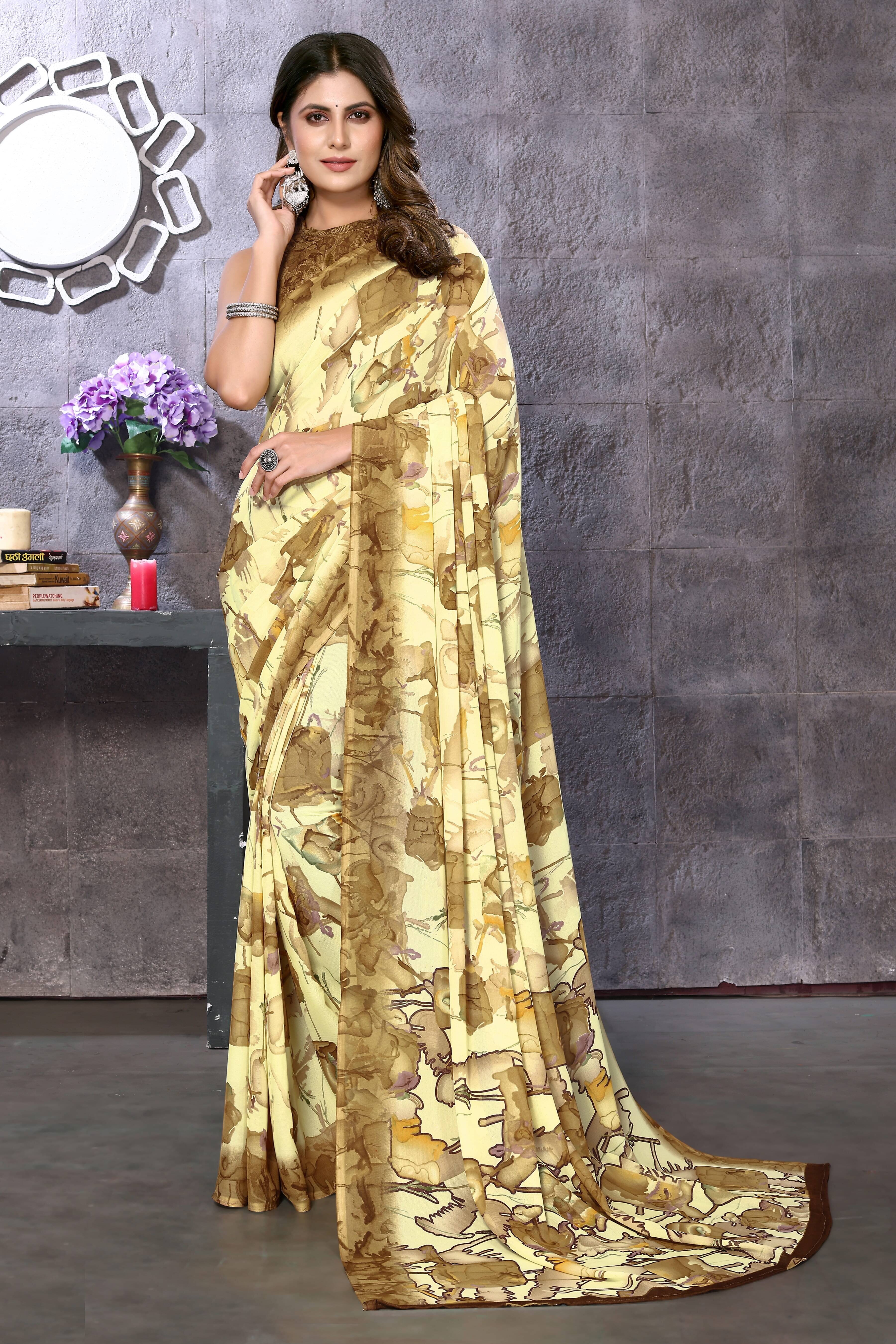     			Yashika Georgette Printed Saree With Unstitched Blouse Piece ( Yellow )