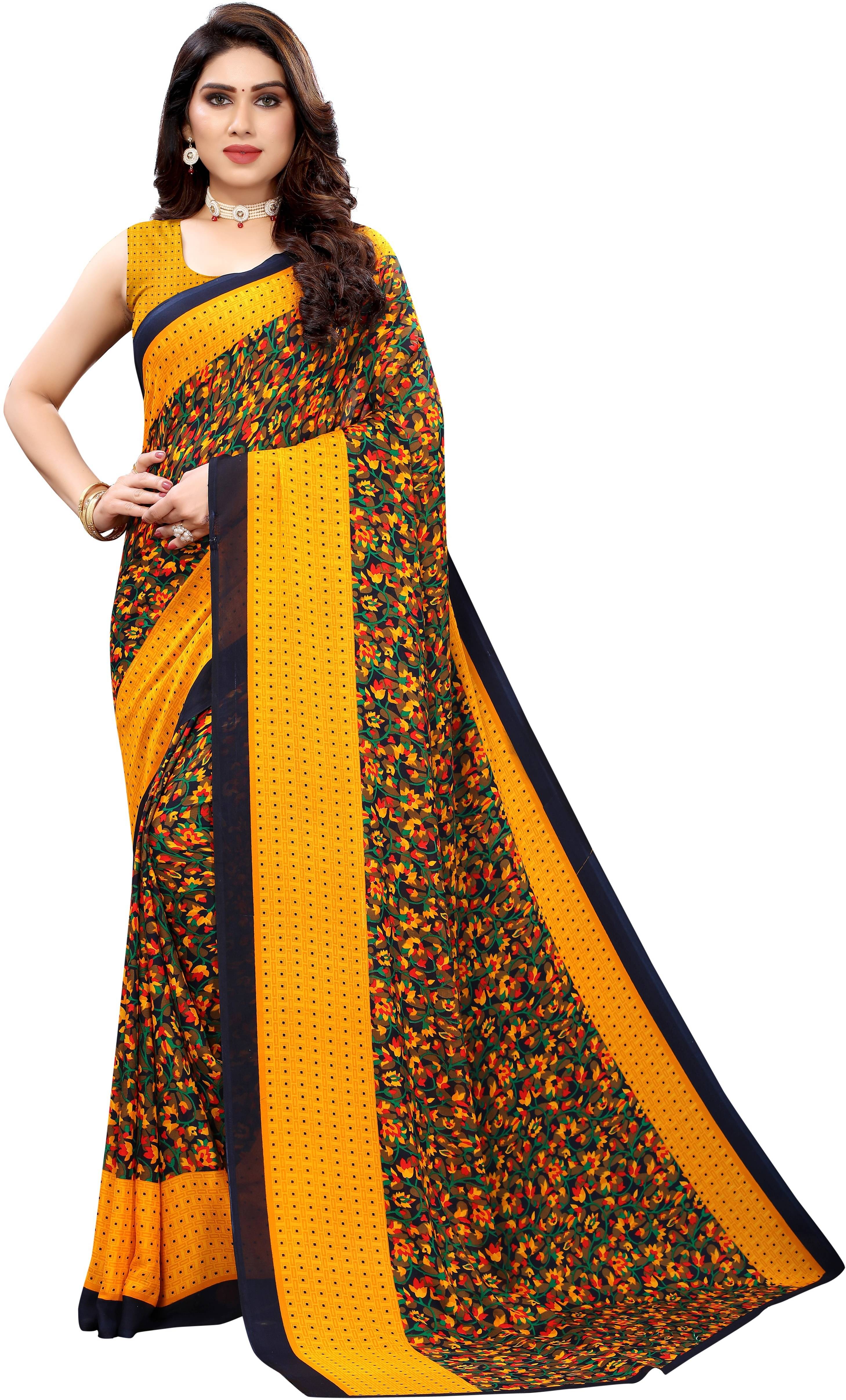     			Yashika Georgette Printed Saree With Unstitched Blouse Piece ( Yellow )