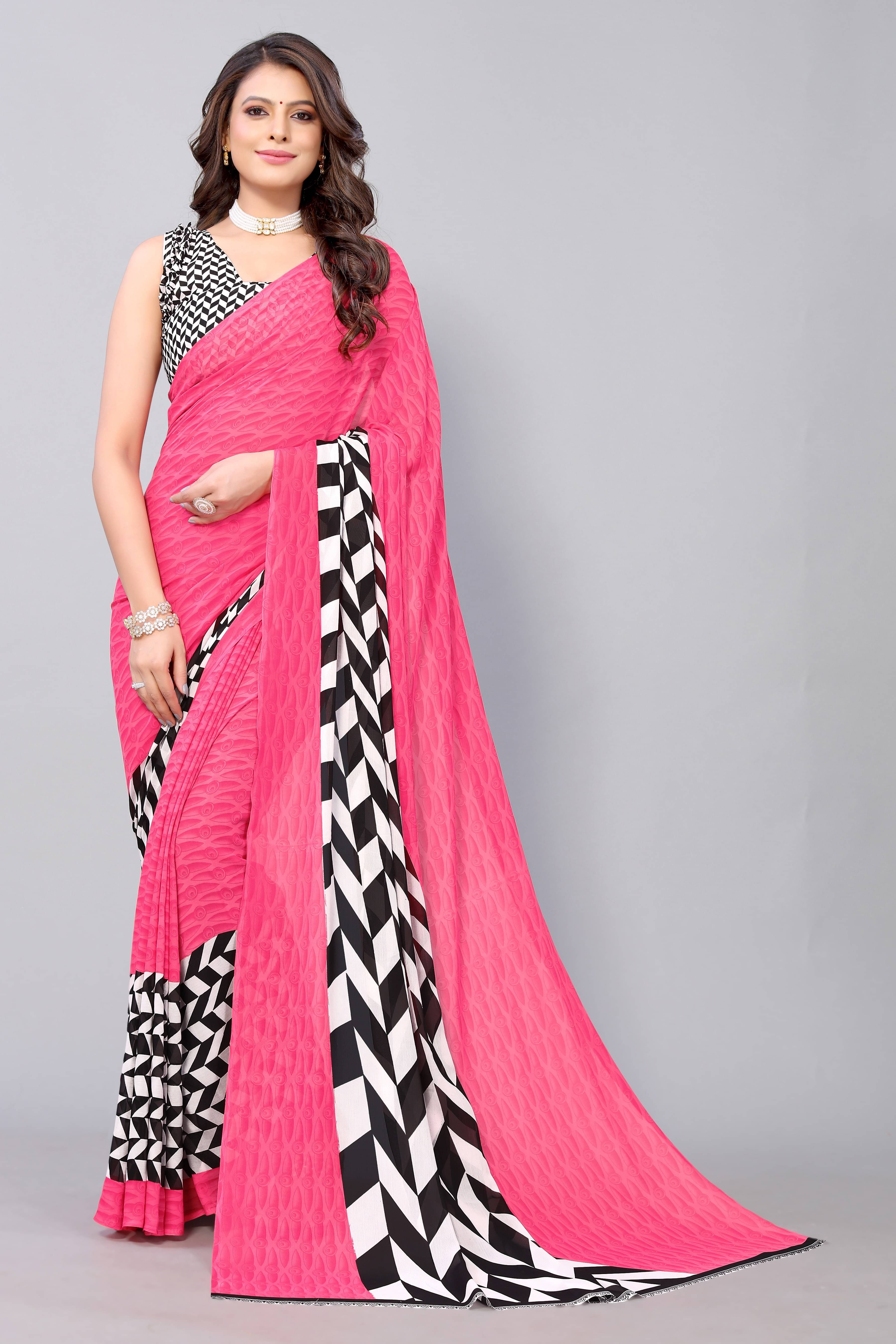     			Yashika Georgette Printed Saree With Unstitched Blouse Piece ( Pink )