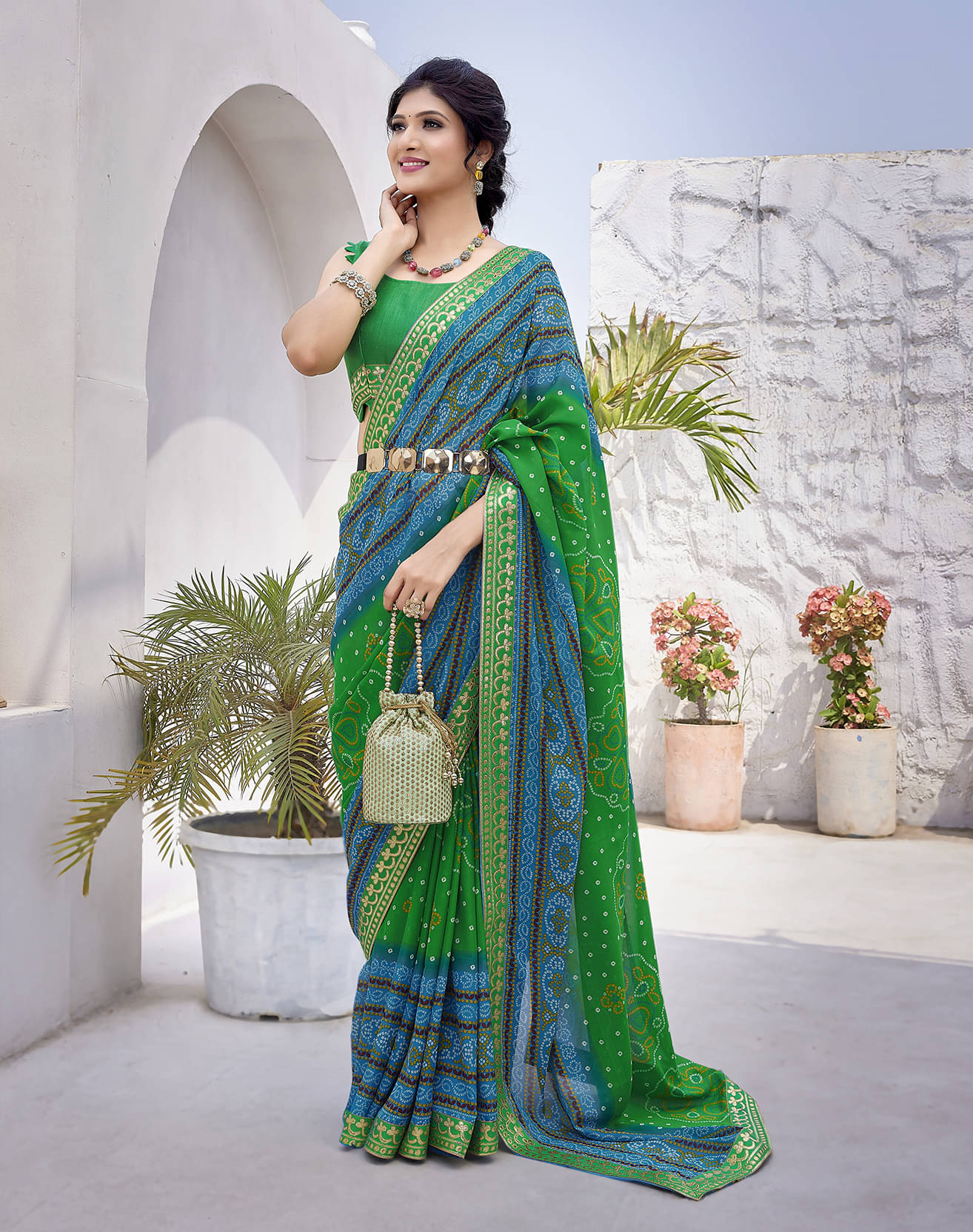     			Yashika Georgette Printed Saree With Unstitched Blouse Piece ( Green )