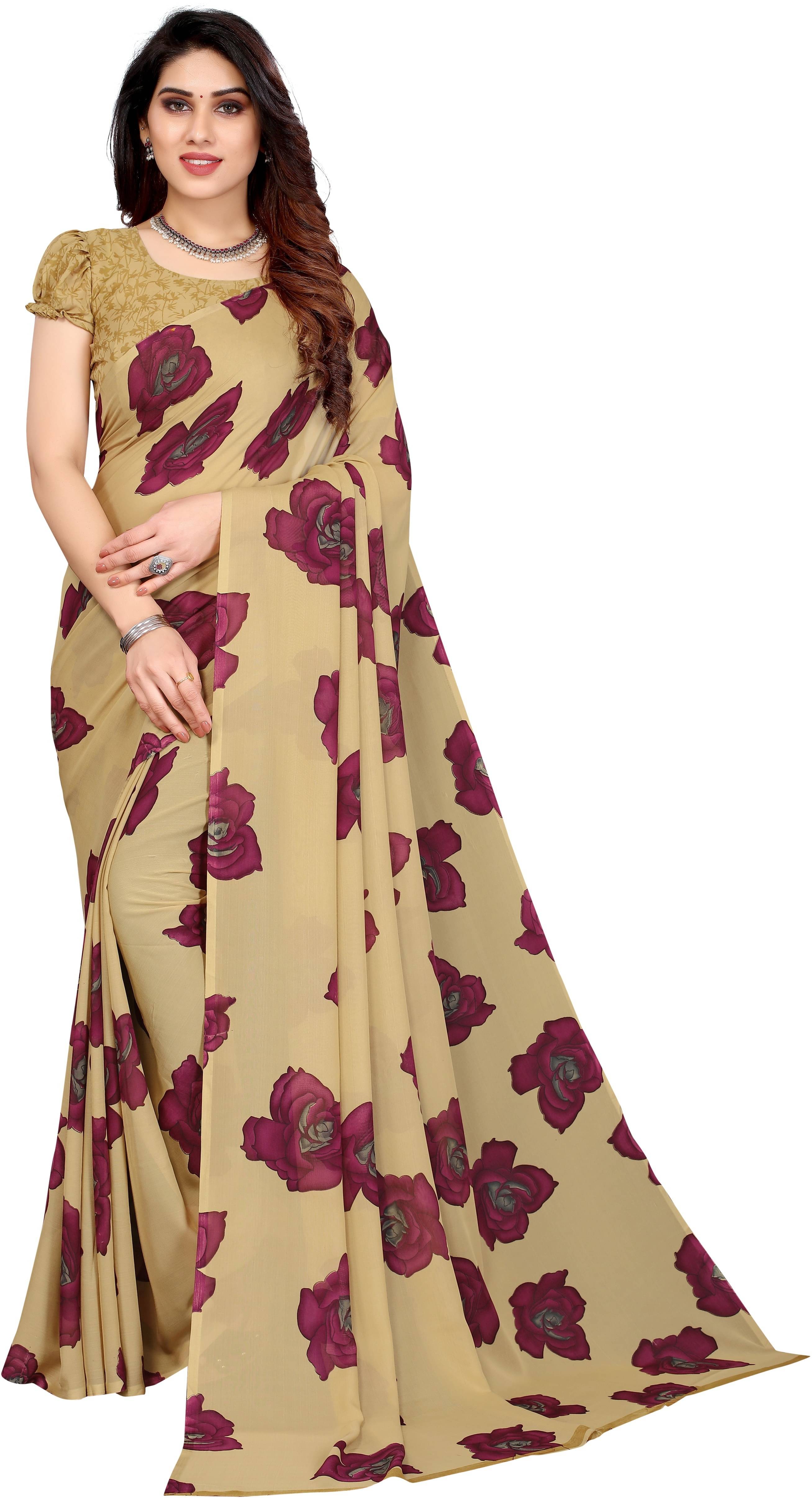     			Yashika Georgette Printed Saree With Unstitched Blouse Piece ( Cream )