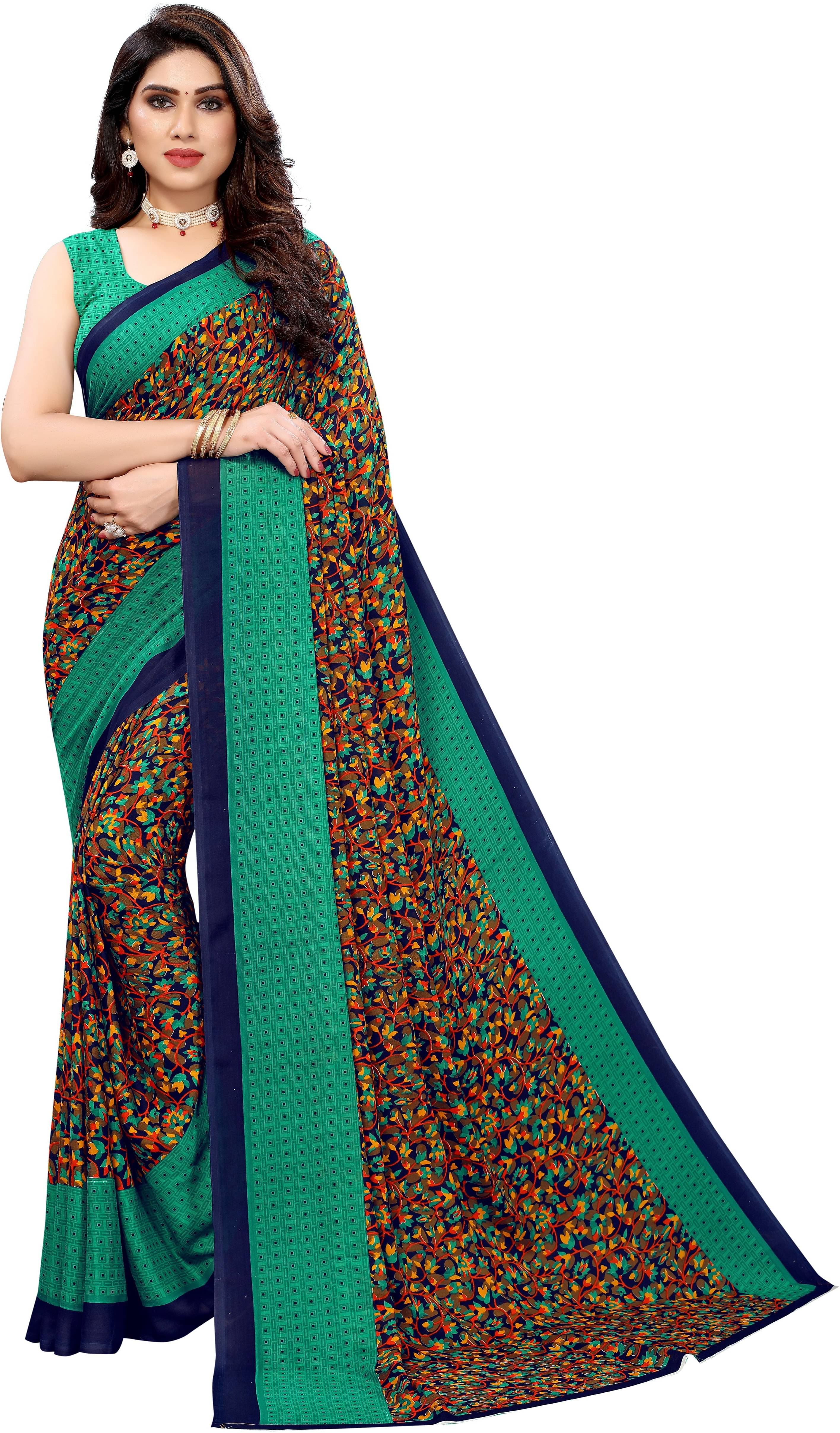     			Yashika Georgette Printed Saree With Unstitched Blouse Piece ( Green )
