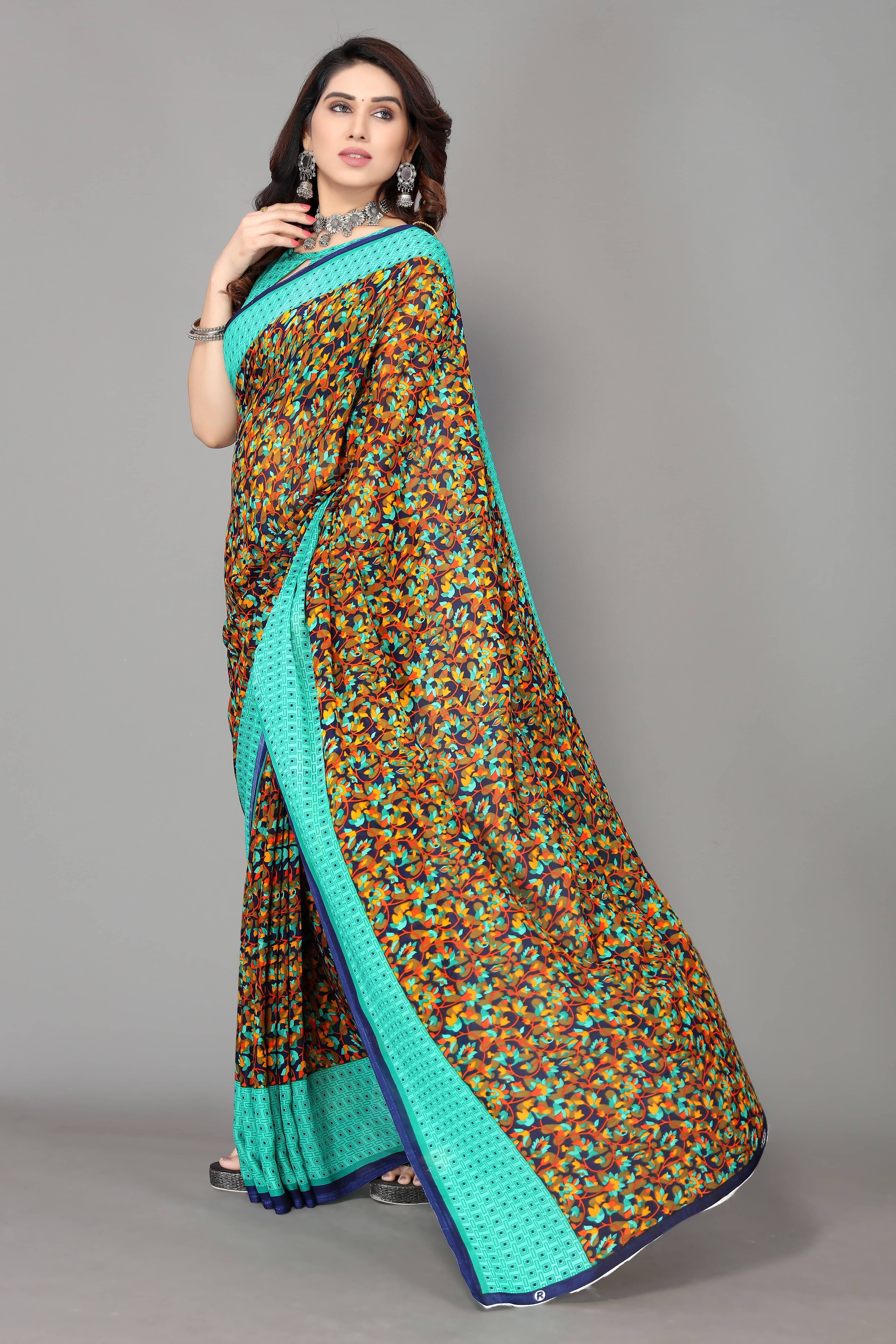     			Yashika Georgette Printed Saree With Unstitched Blouse Piece ( Green )