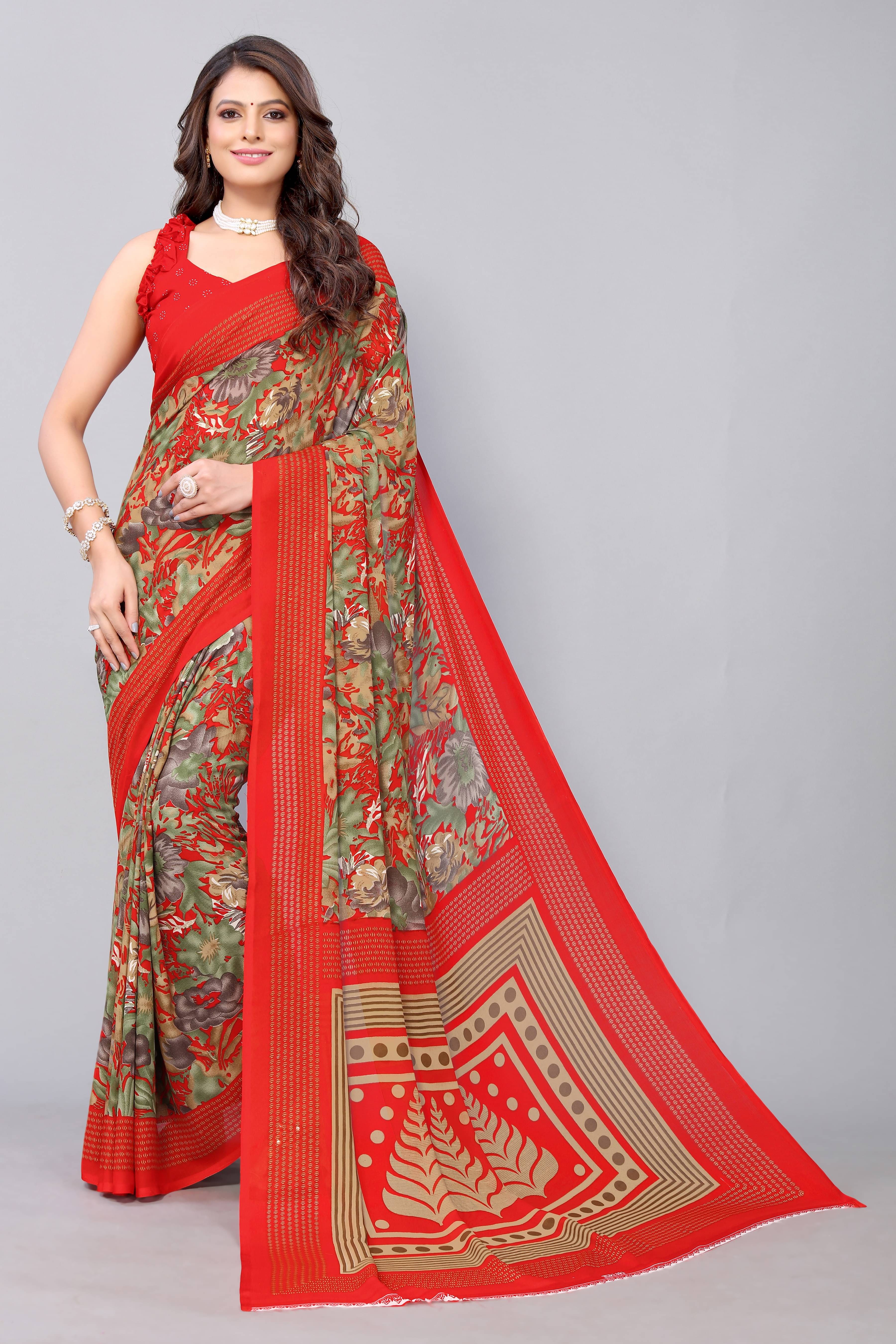 Yashika Georgette Printed Saree With Unstitched Blouse Piece ( Red ) Yashika Georgette Printed Saree With Unstitched Blouse Piece ( Red )