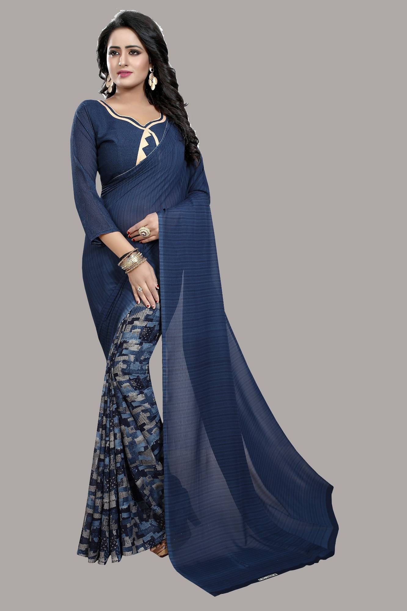 Yashika Georgette Printed Saree With Unstitched Blouse Piece ( Blue ) Yashika Georgette Printed Saree With Unstitched Blouse Piece ( Blue )