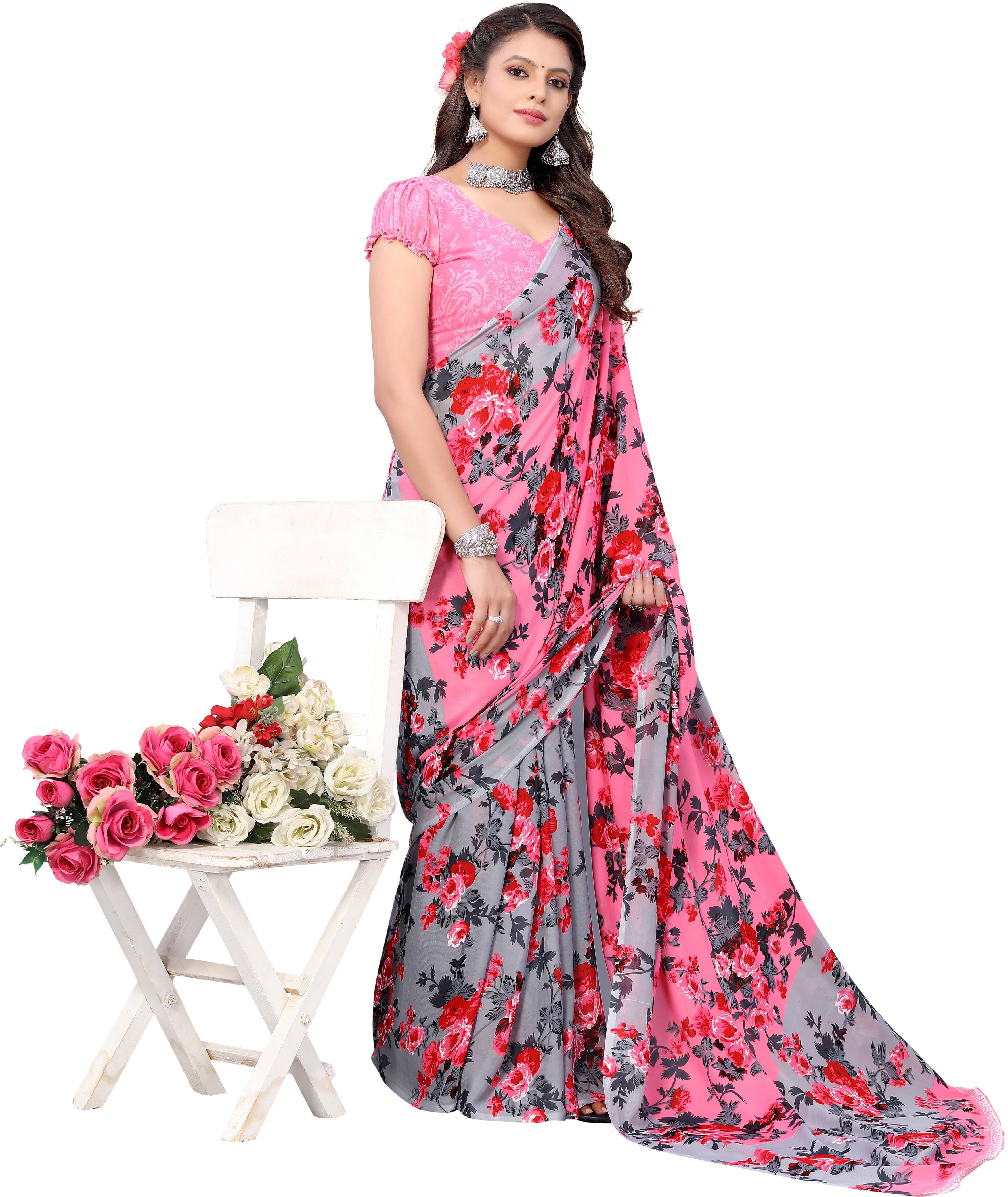 Yashika Georgette Printed Saree With Unstitched Blouse Piece ( Pink ) Yashika Georgette Printed Saree With Unstitched Blouse Piece ( Pink )