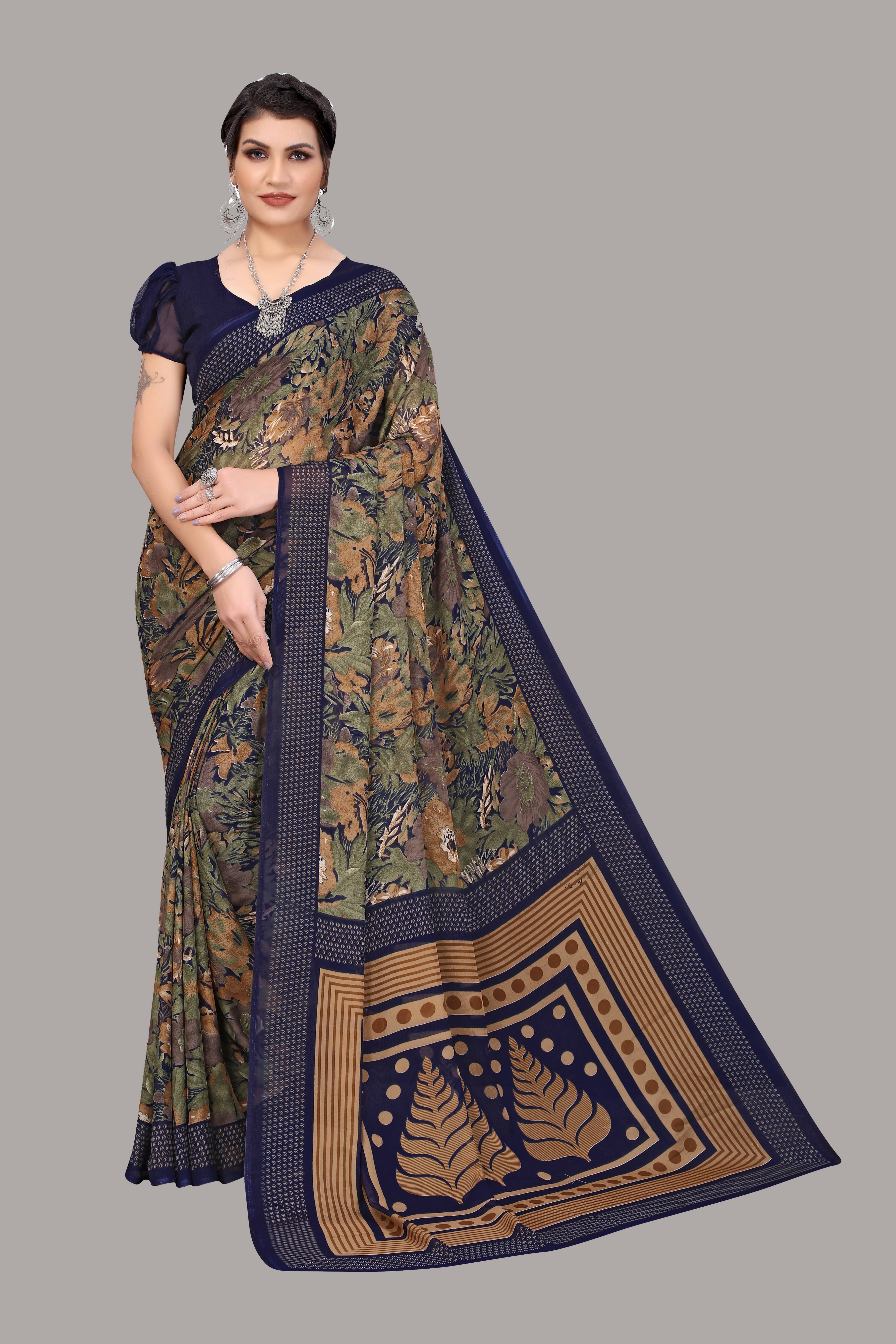 Yashika Georgette Printed Saree With Unstitched Blouse Piece ( Multicolor ) Yashika Georgette Printed Saree With Unstitched Blouse Piece ( Multicolor )