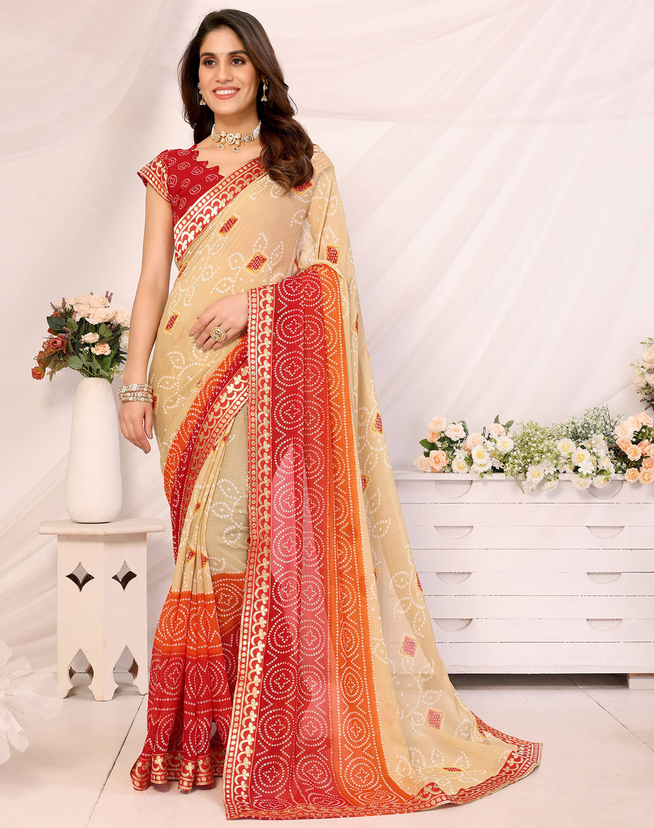     			Yashika Georgette Printed Saree With Unstitched Blouse Piece ( Red )