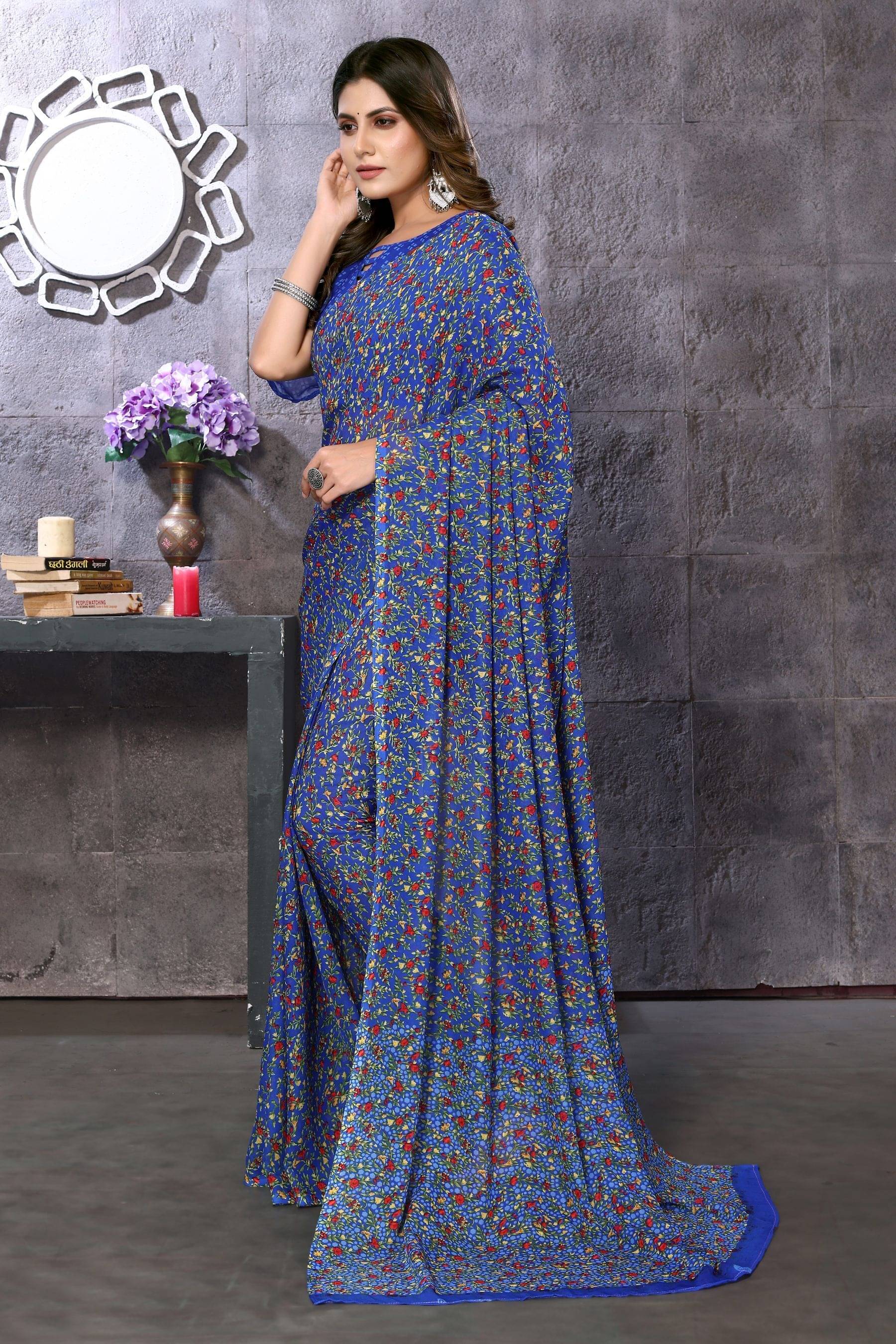     			Yashika Georgette Printed Saree With Unstitched Blouse Piece ( Blue )