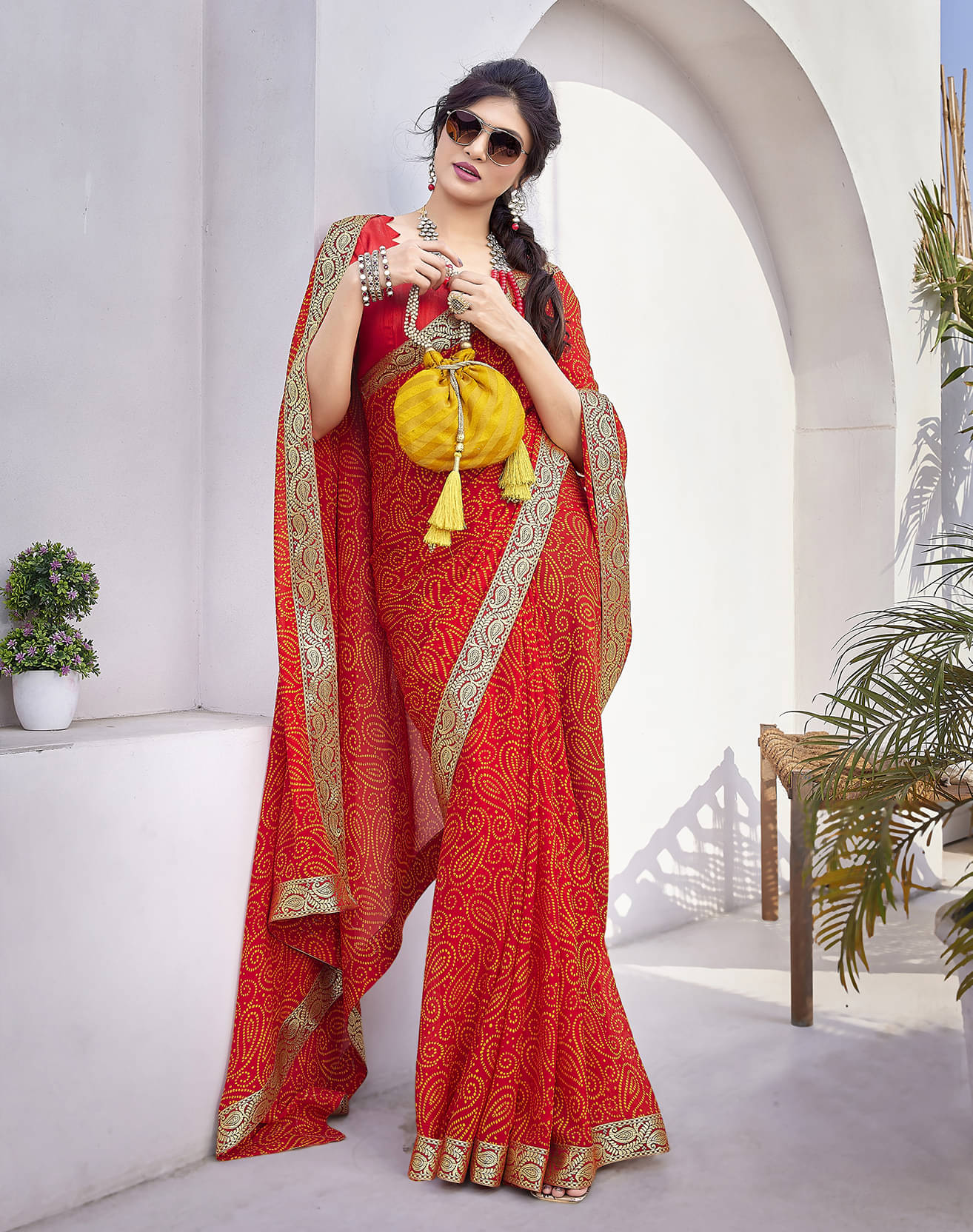 Yashika Georgette Printed Saree With Unstitched Blouse Piece ( Red ) Yashika Georgette Printed Saree With Unstitched Blouse Piece ( Red )
