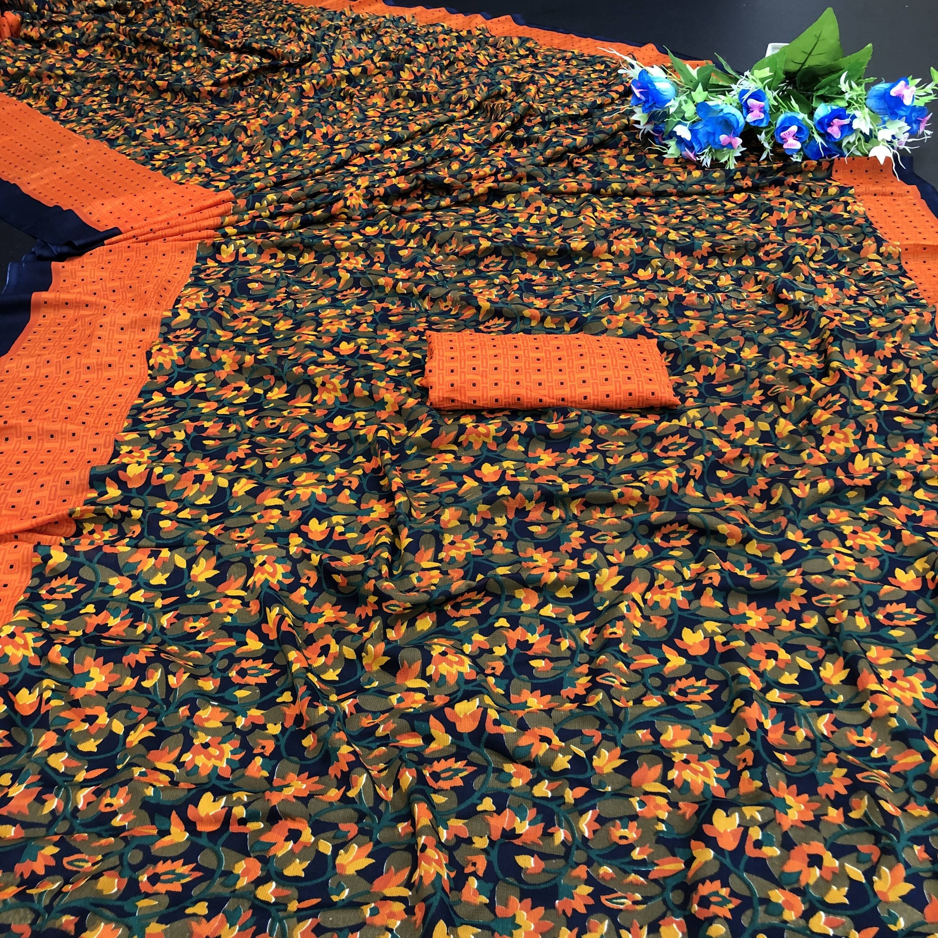     			Yashika Georgette Printed Saree With Unstitched Blouse Piece ( Orange )
