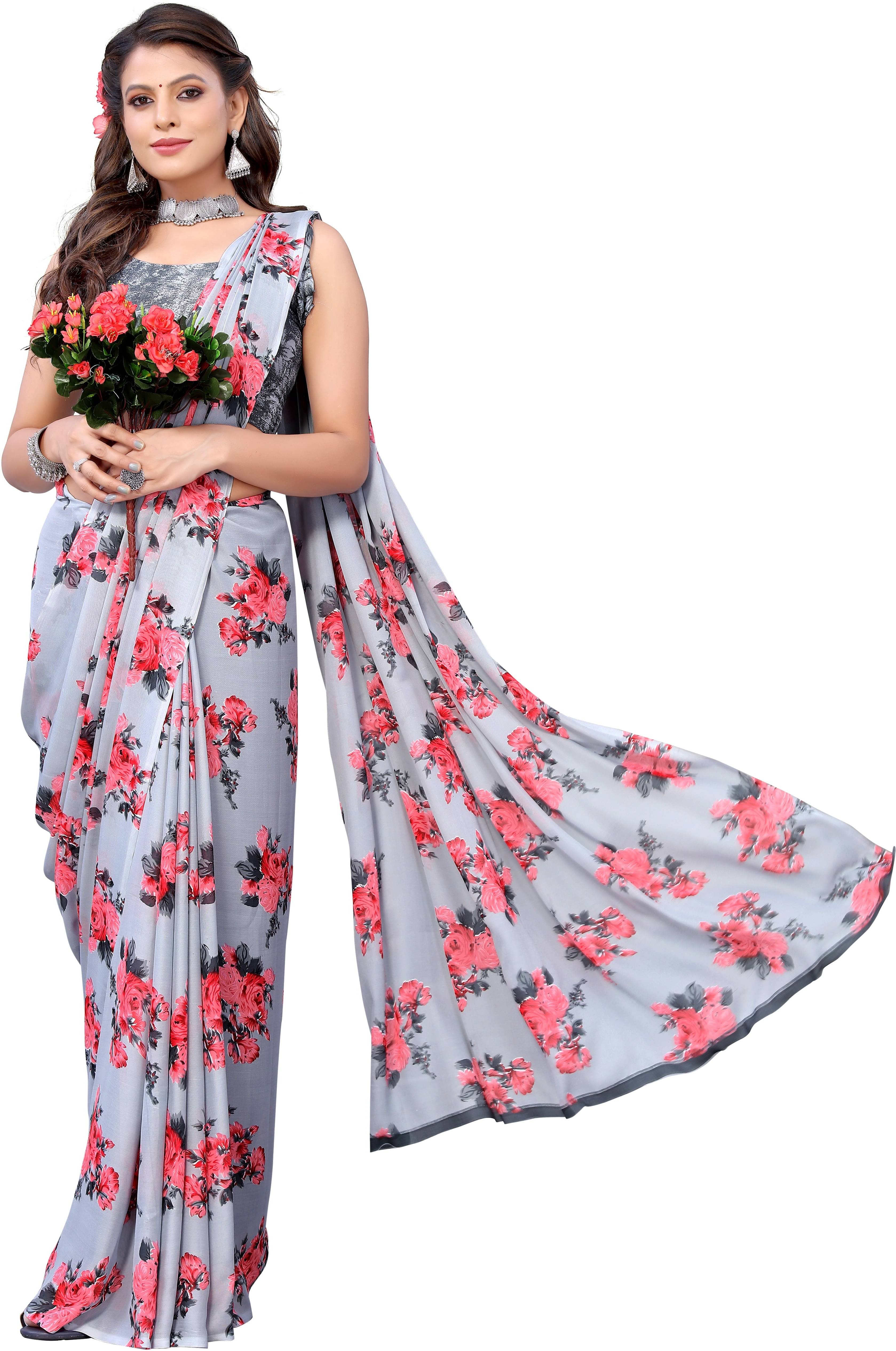 Yashika Georgette Printed Saree With Unstitched Blouse Piece ( Grey ) Yashika Georgette Printed Saree With Unstitched Blouse Piece ( Grey )