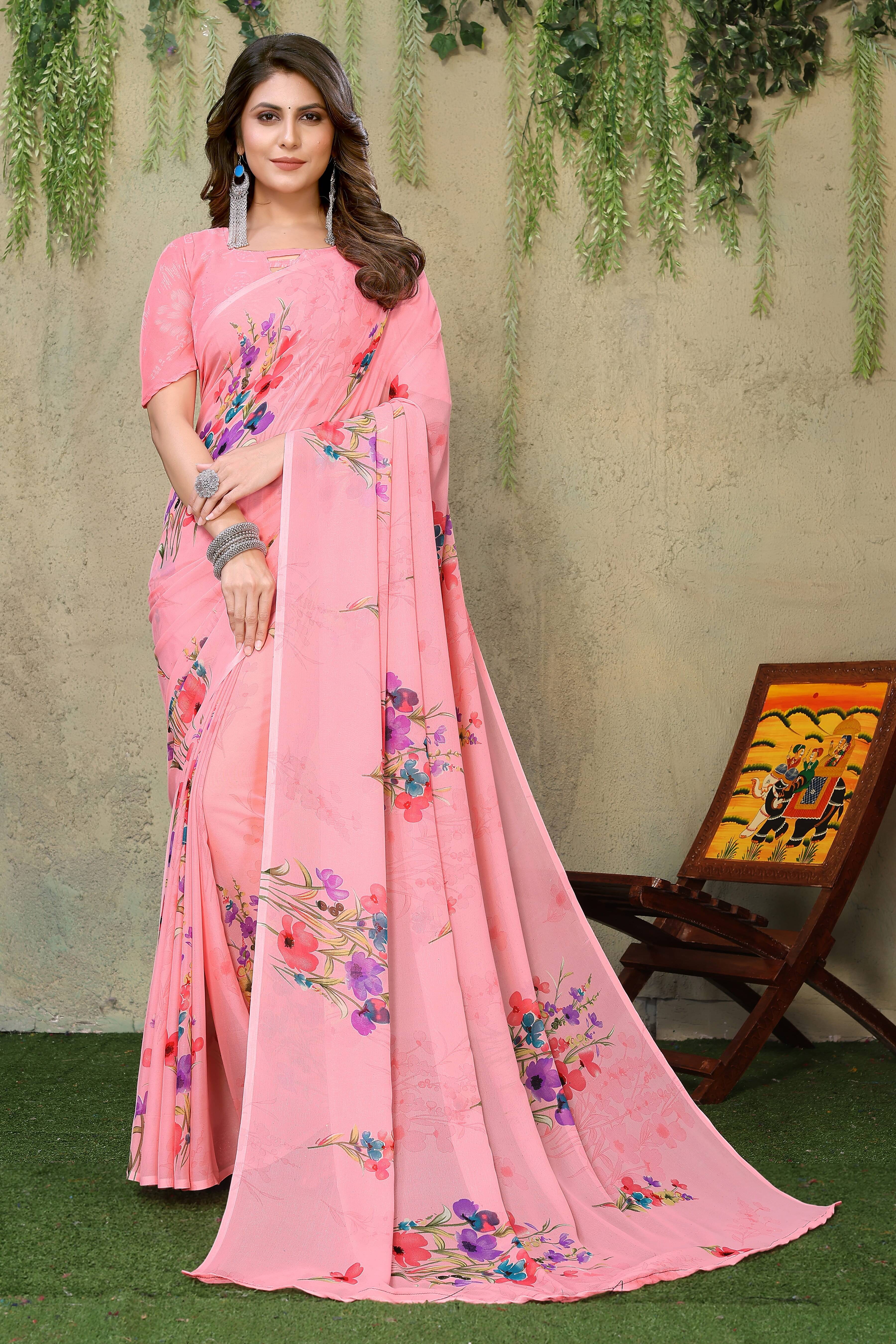 Yashika Georgette Printed Saree With Unstitched Blouse Piece ( Pink ) Yashika Georgette Printed Saree With Unstitched Blouse Piece ( Pink )