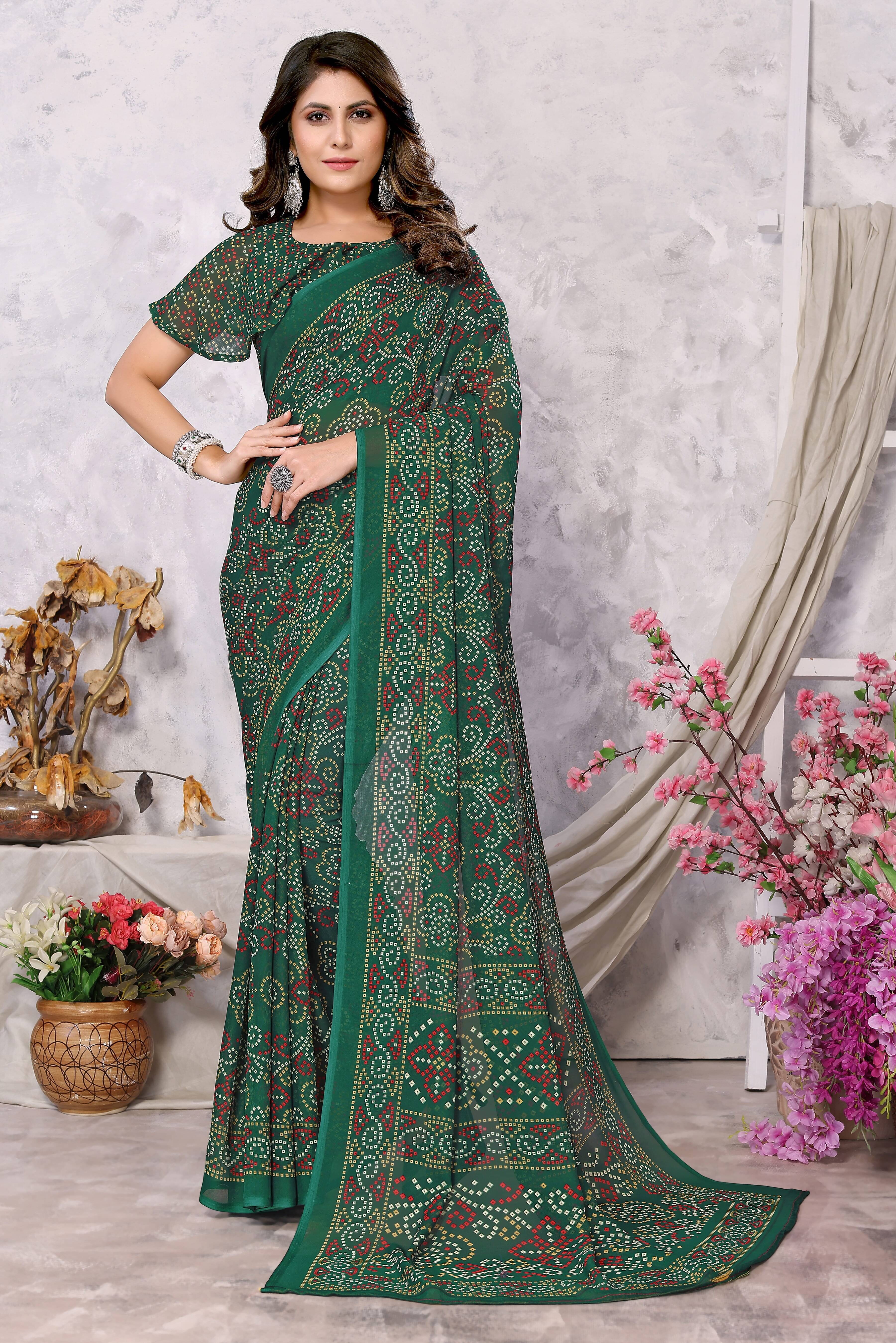     			Yashika Georgette Printed Saree With Unstitched Blouse Piece ( Green )
