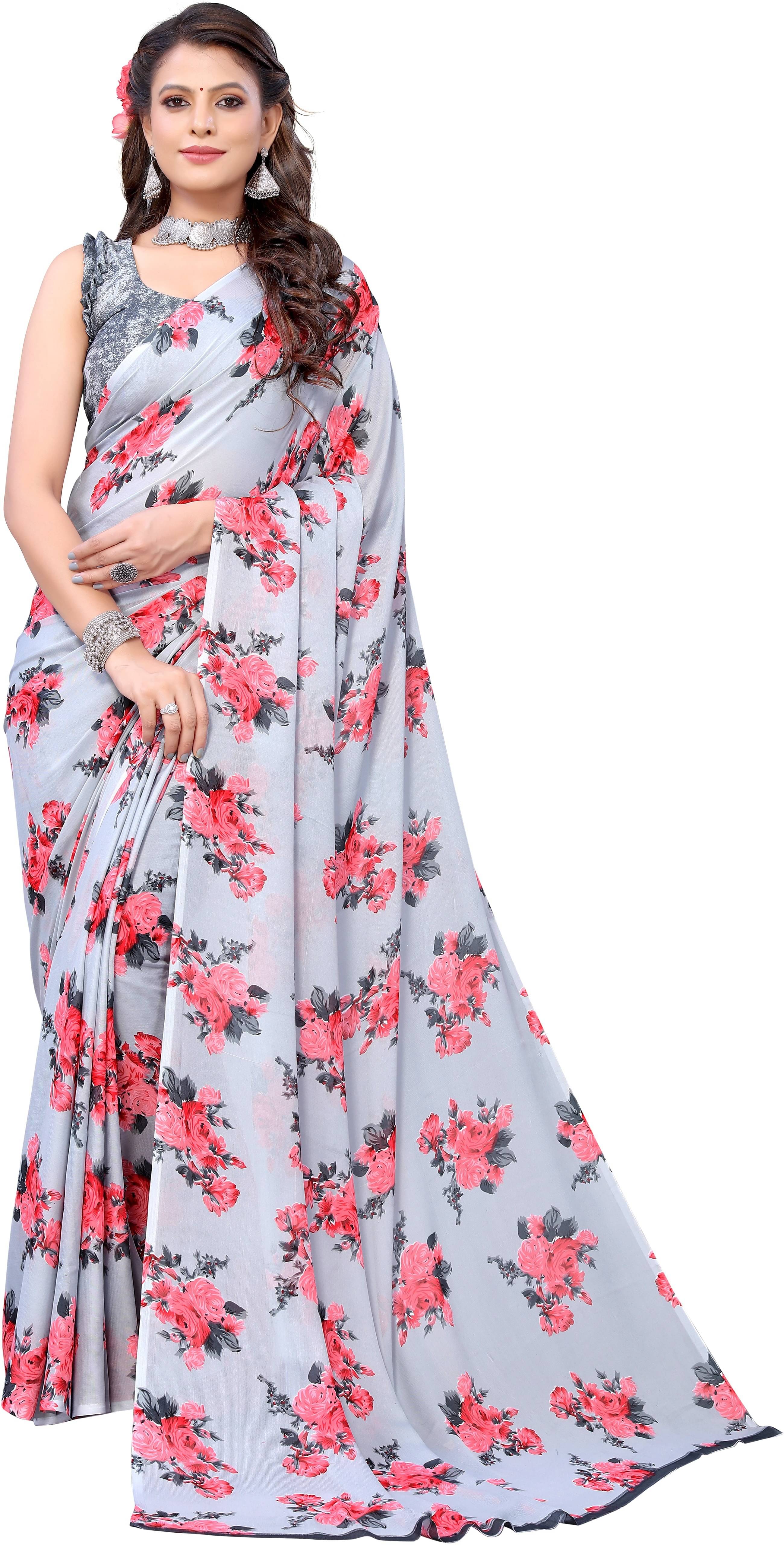     			Yashika Georgette Printed Saree With Unstitched Blouse Piece ( Grey )