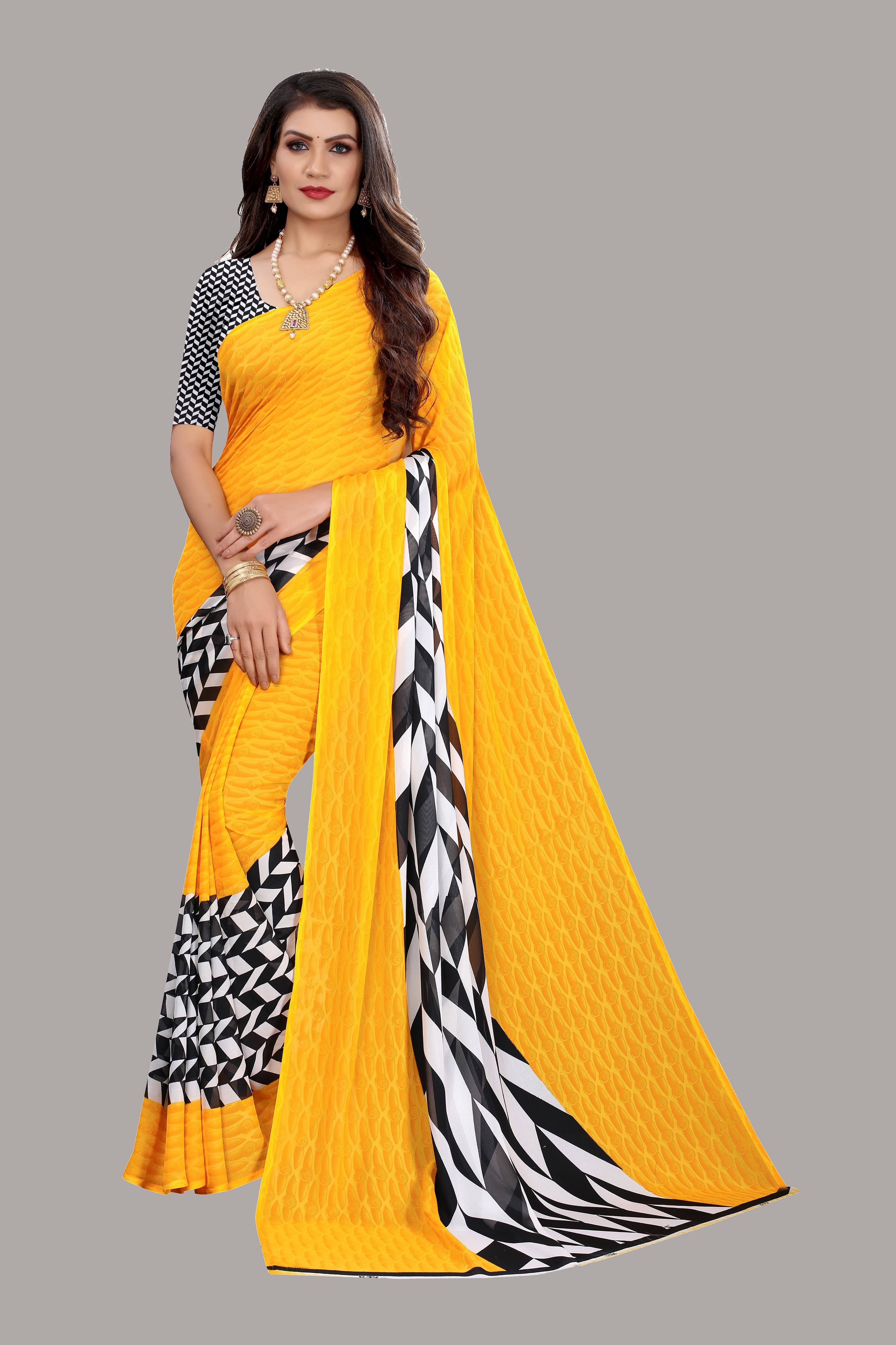 Yashika Georgette Printed Saree With Unstitched Blouse Piece ( Yellow ) Yashika Georgette Printed Saree With Unstitched Blouse Piece ( Yellow )