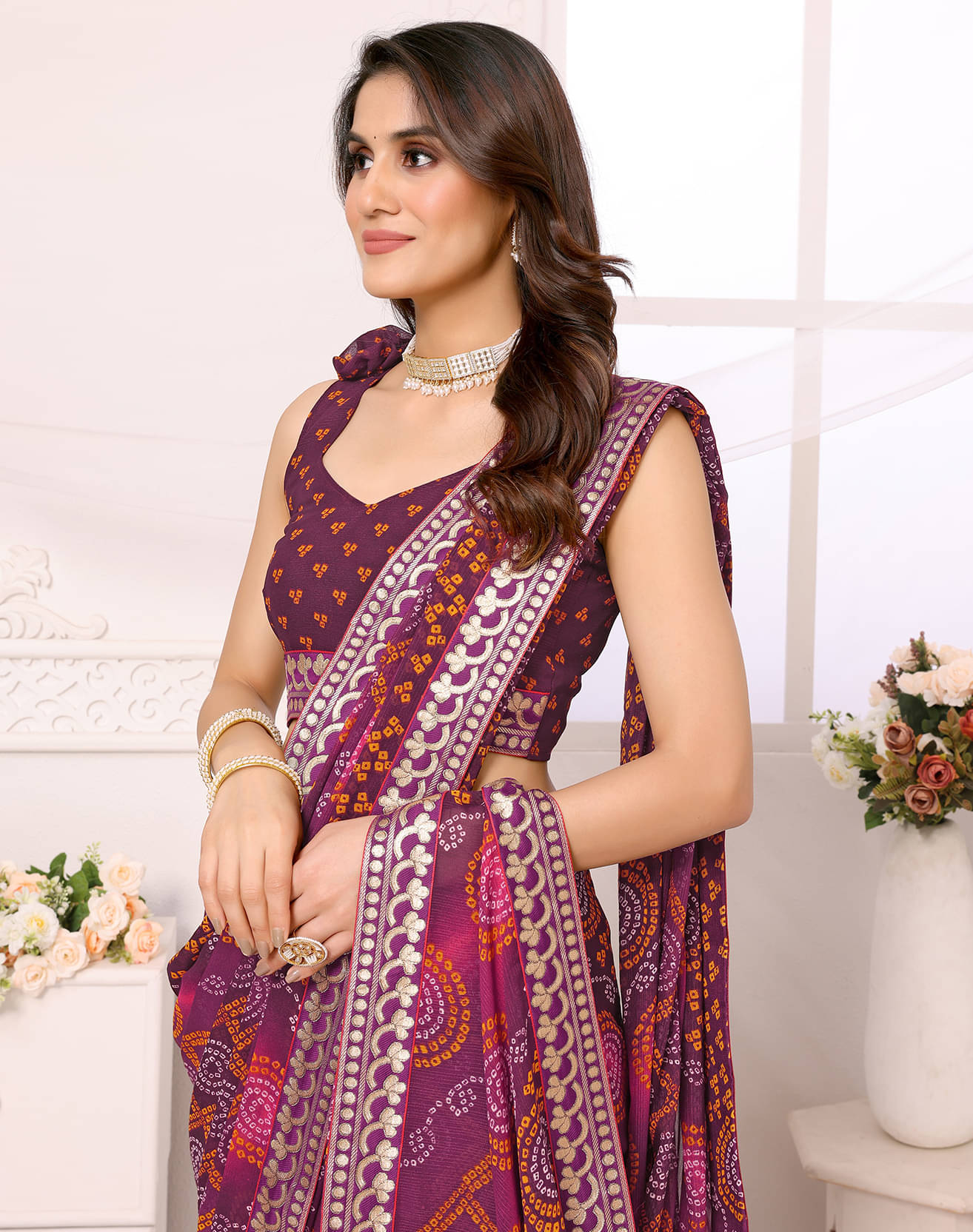     			Yashika Georgette Printed Saree With Unstitched Blouse Piece ( Purple )