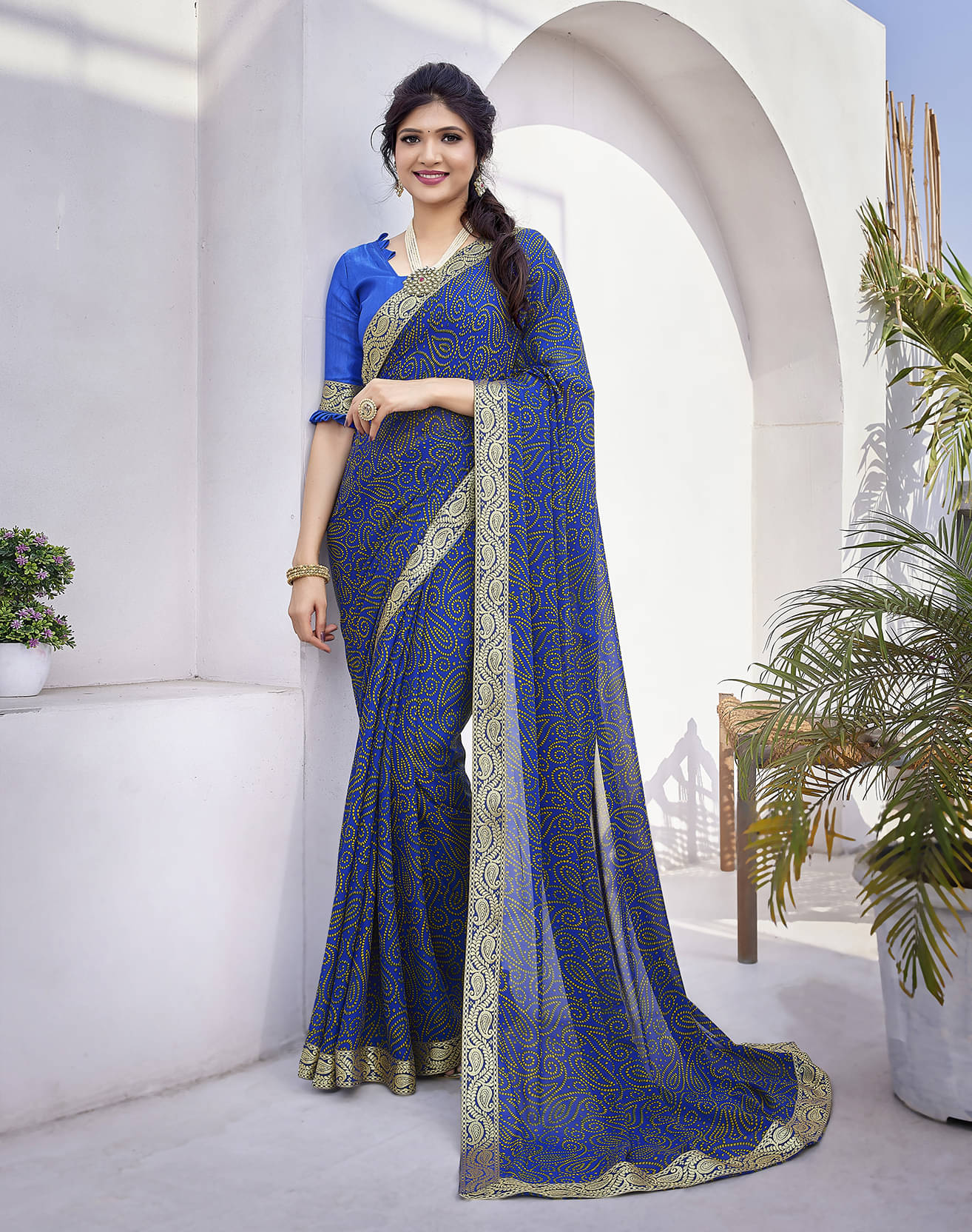 Yashika Georgette Printed Saree With Unstitched Blouse Piece ( Blue ) Yashika Georgette Printed Saree With Unstitched Blouse Piece ( Blue )