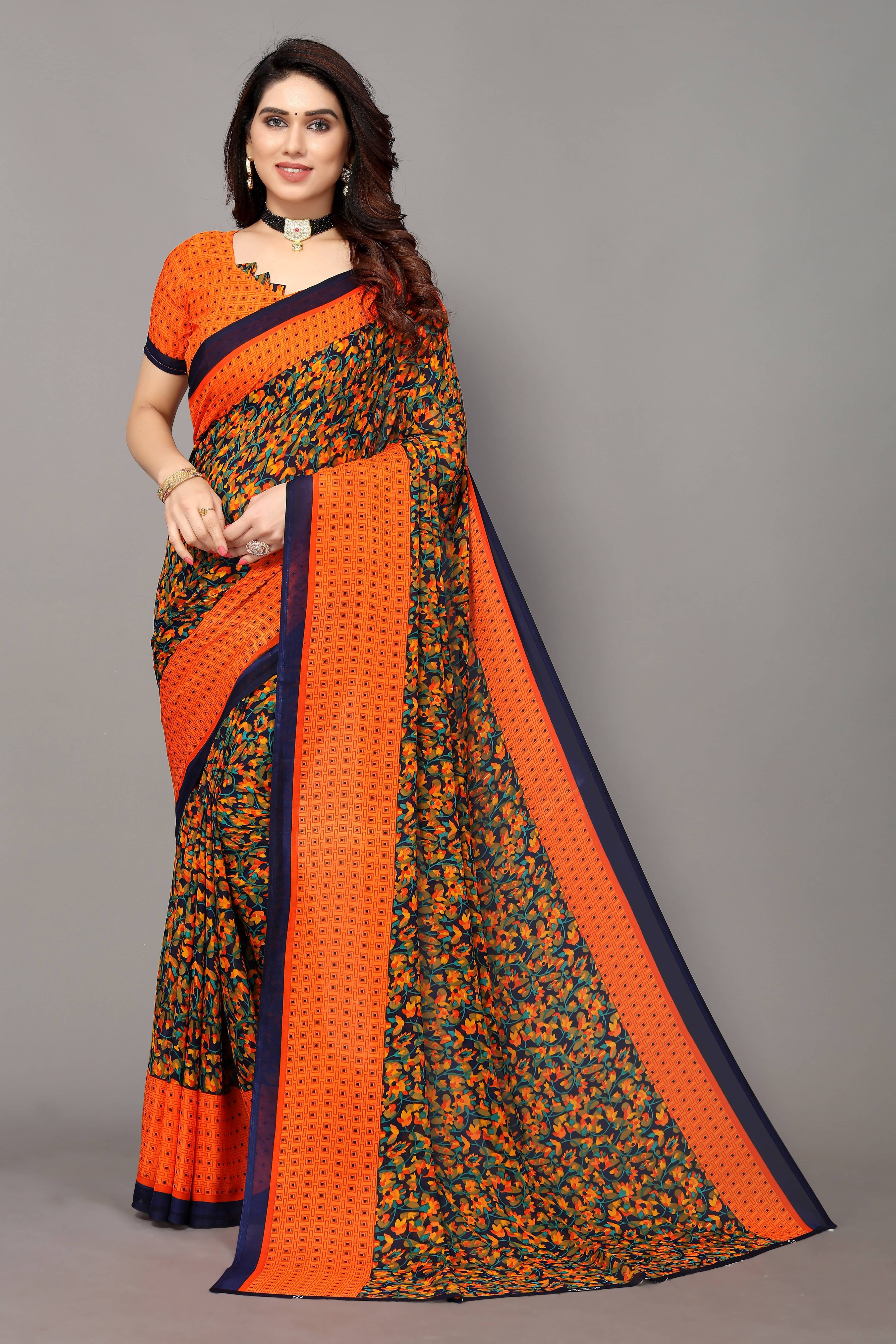 Yashika Georgette Printed Saree With Unstitched Blouse Piece ( Orange ) Yashika Georgette Printed Saree With Unstitched Blouse Piece ( Orange )