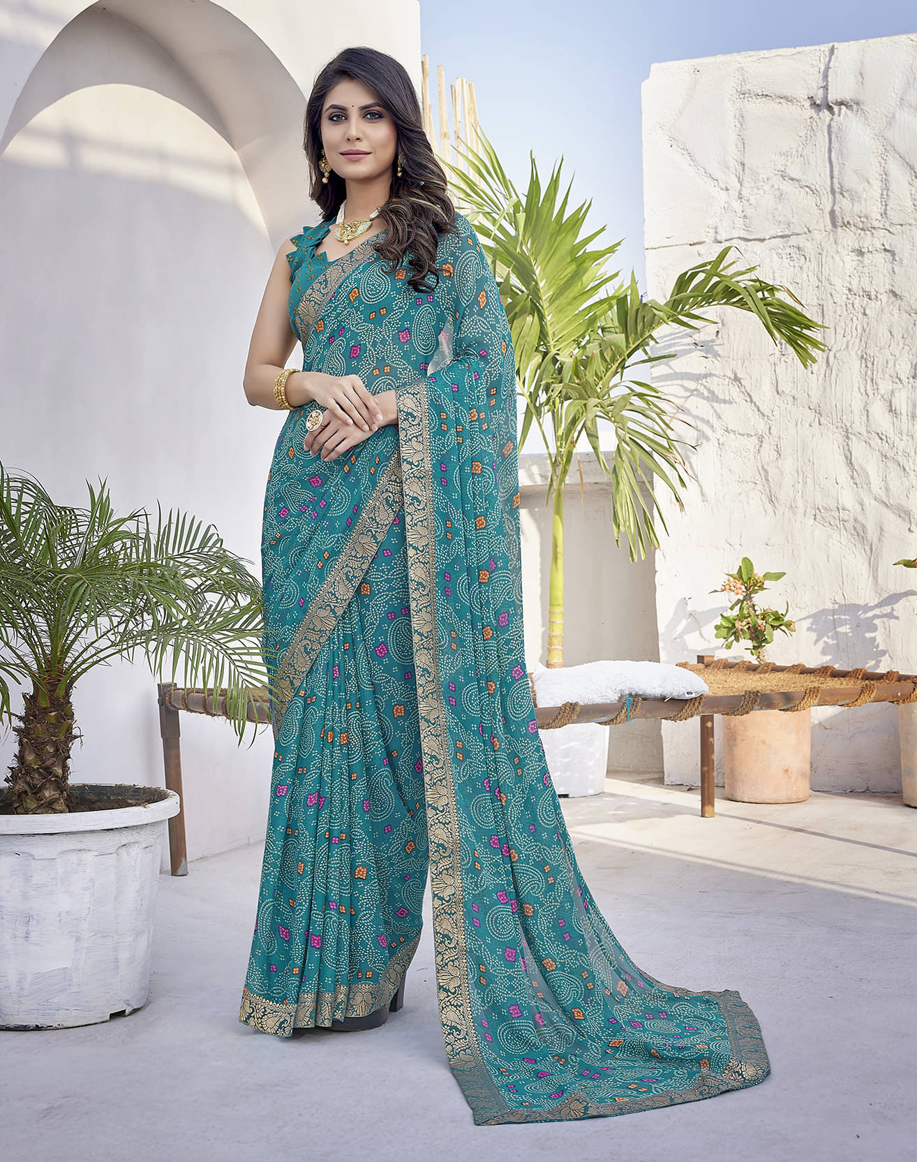     			Yashika Georgette Printed Saree With Unstitched Blouse Piece ( Blue )