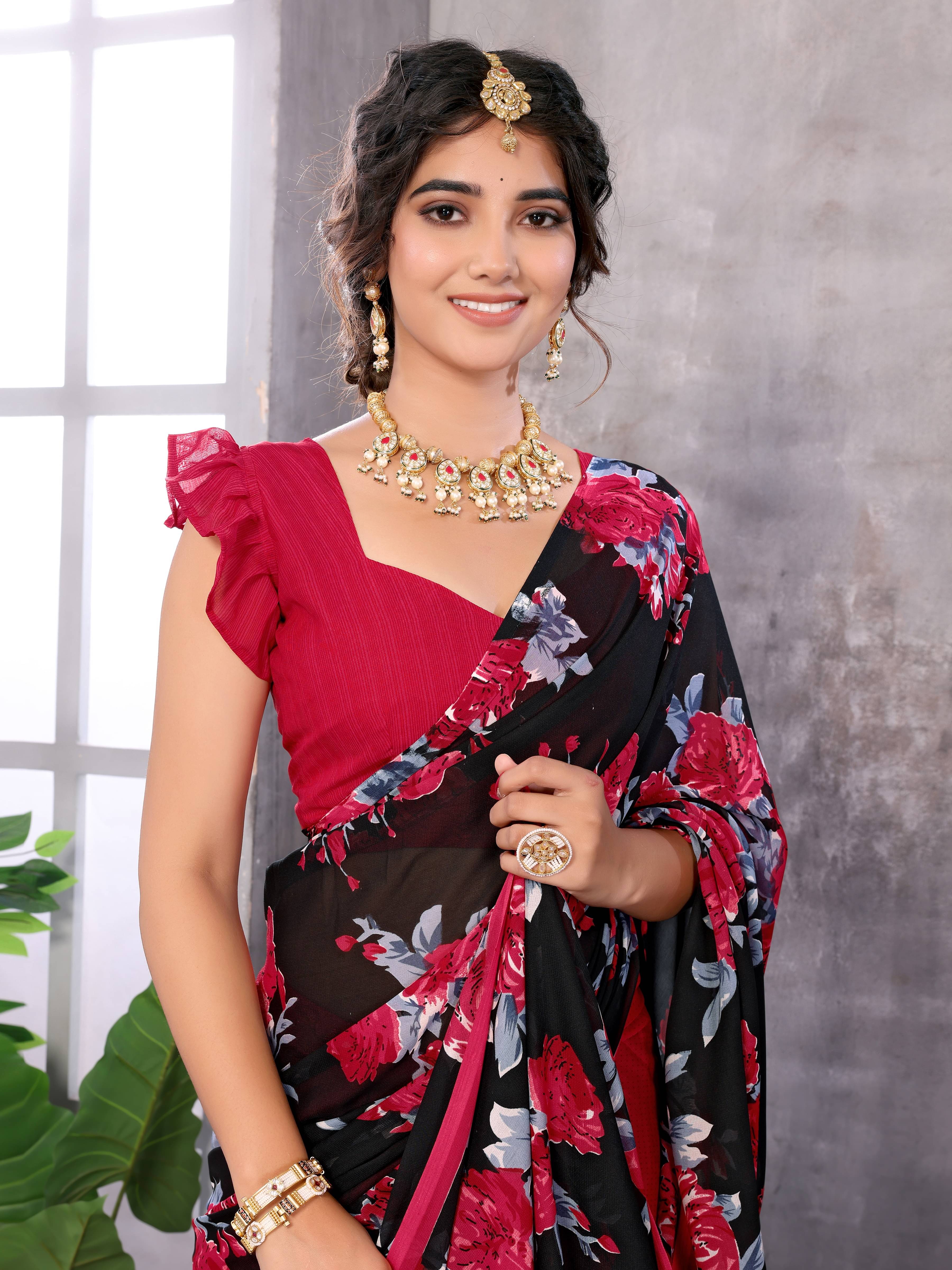     			Yashika Georgette Printed Saree With Unstitched Blouse Piece ( Pink )