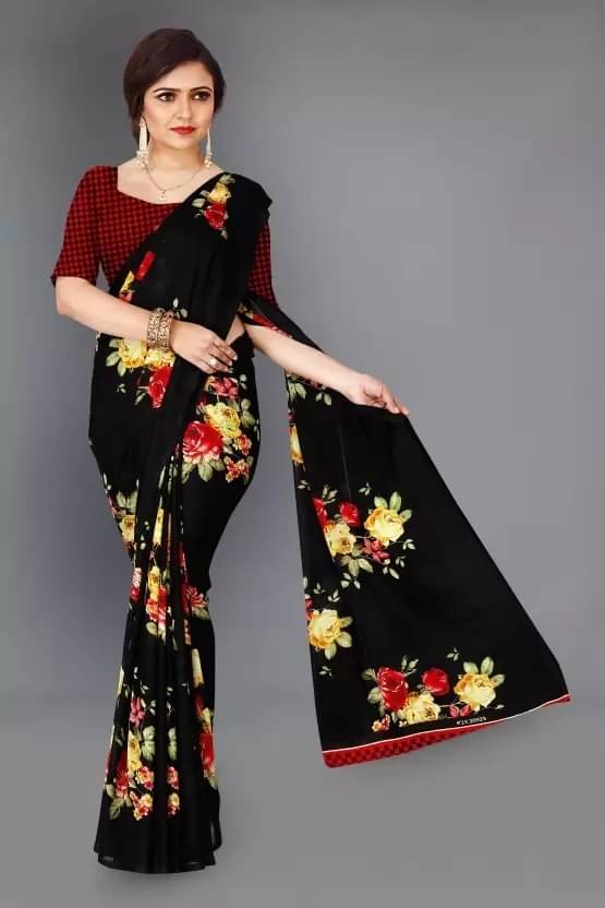     			Yashika Georgette Printed Saree With Unstitched Blouse Piece ( Black )