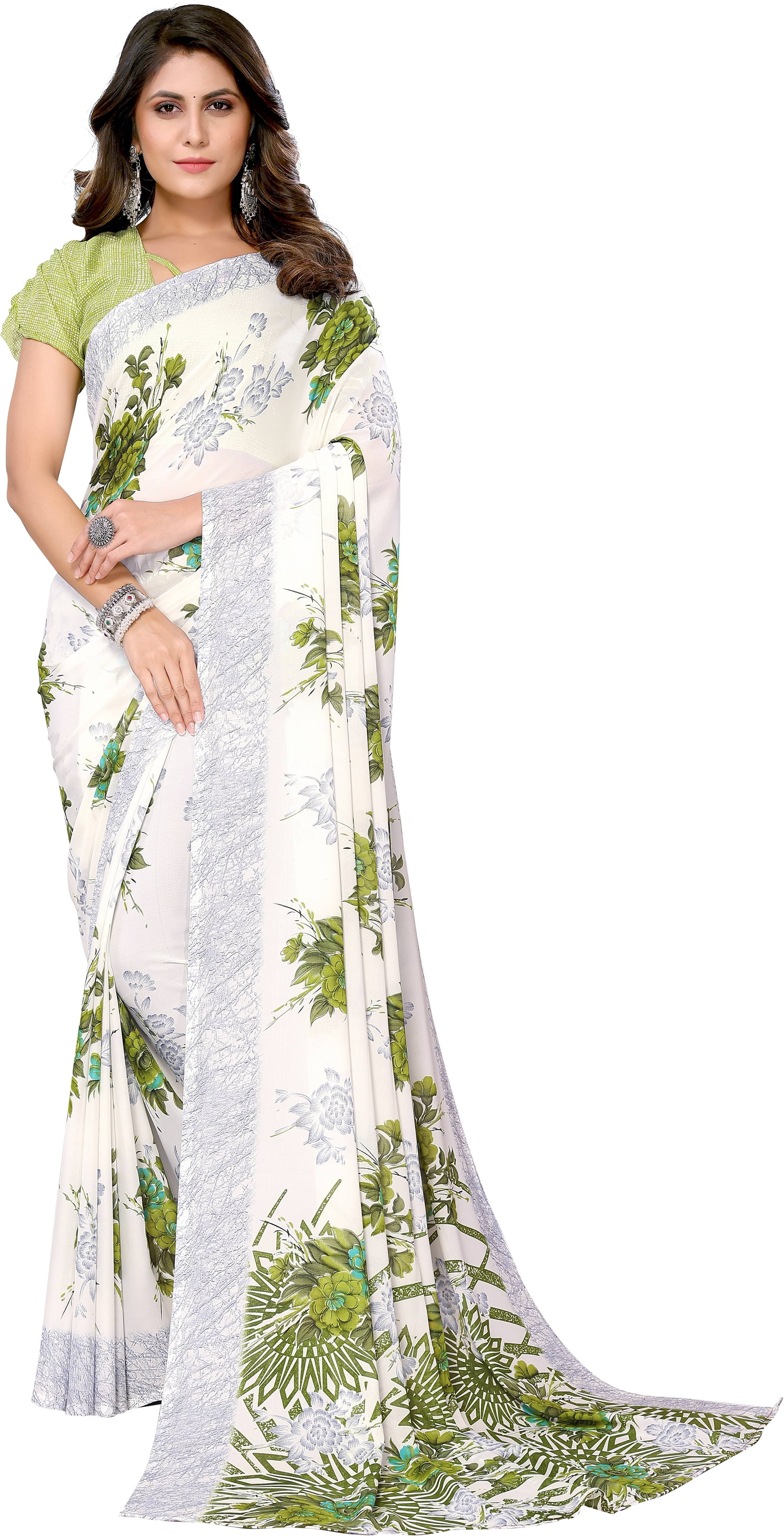 Yashika Georgette Printed Saree With Unstitched Blouse Piece ( Light Green ) Yashika Georgette Printed Saree With Unstitched Blouse Piece ( Light Green )