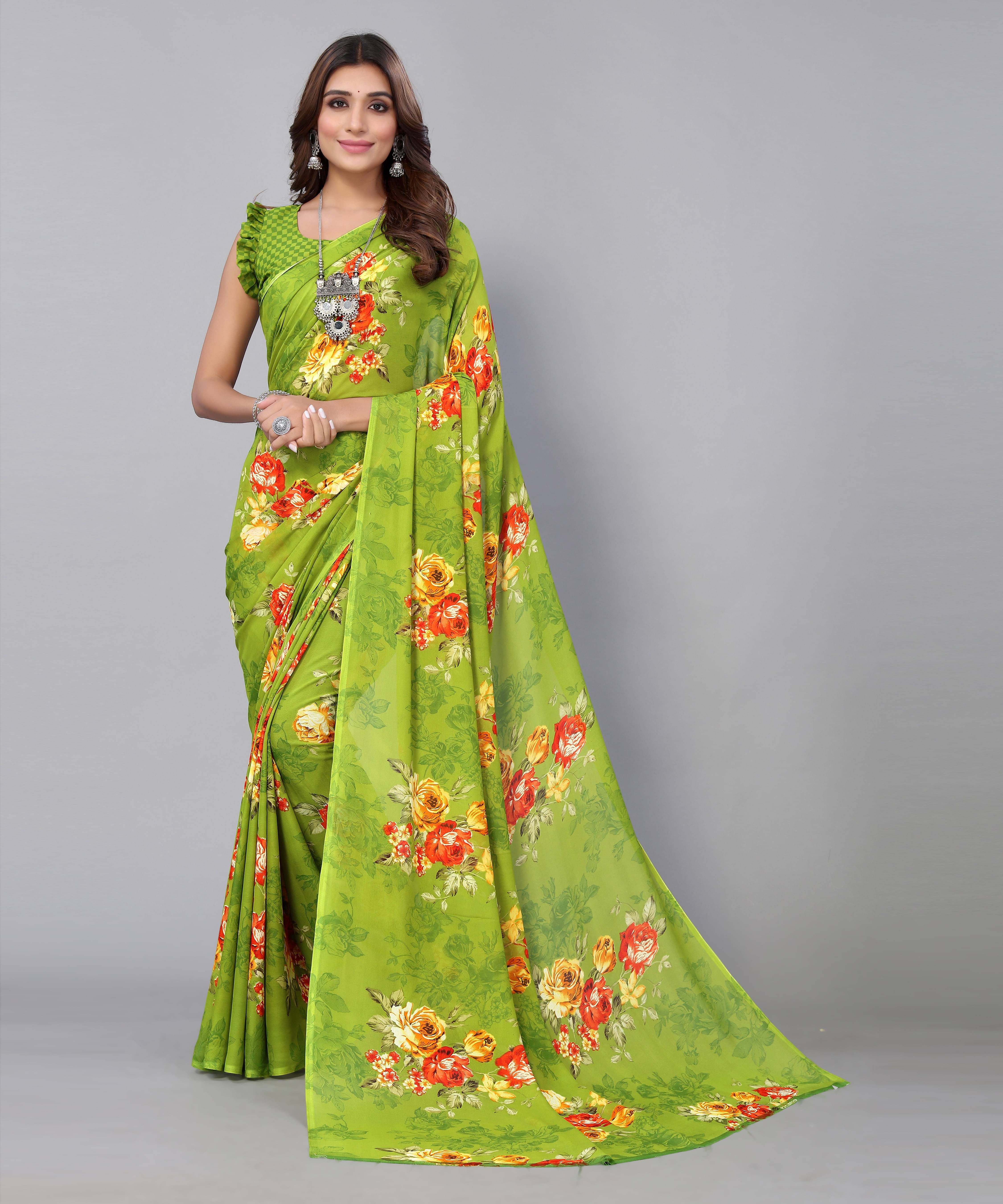     			Yashika Georgette Printed Saree With Unstitched Blouse Piece ( Light Green )