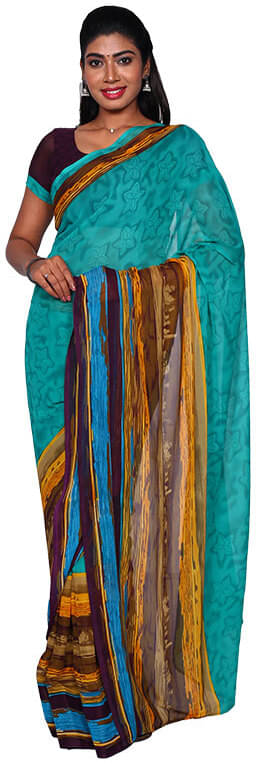 Yashika Georgette Printed Saree With Unstitched Blouse Piece ( Light Blue ) Yashika Georgette Printed Saree With Unstitched Blouse Piece ( Light Blue )