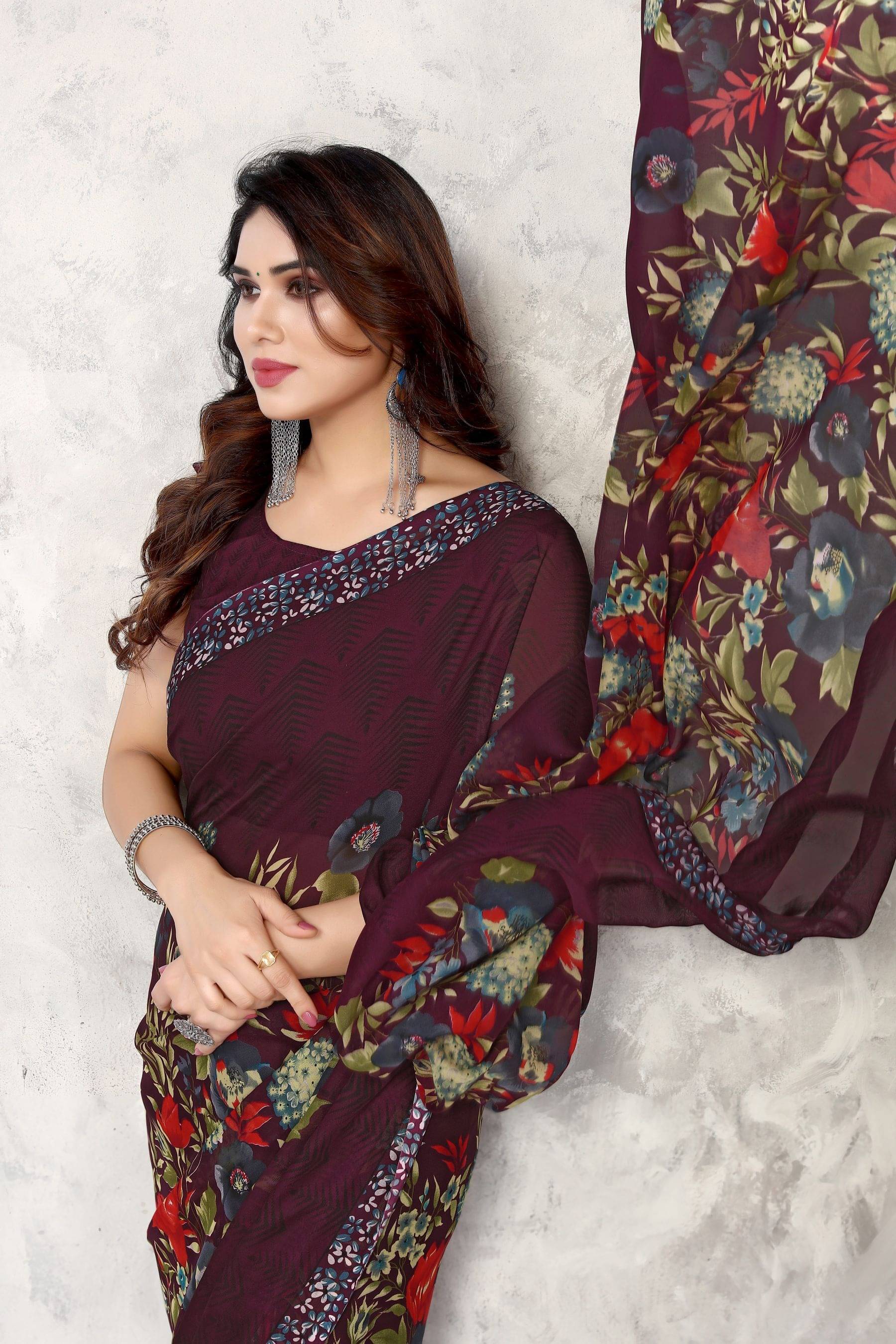 Yashika Georgette Printed Saree With Unstitched Blouse Piece ( Purple ) Yashika Georgette Printed Saree With Unstitched Blouse Piece ( Purple )