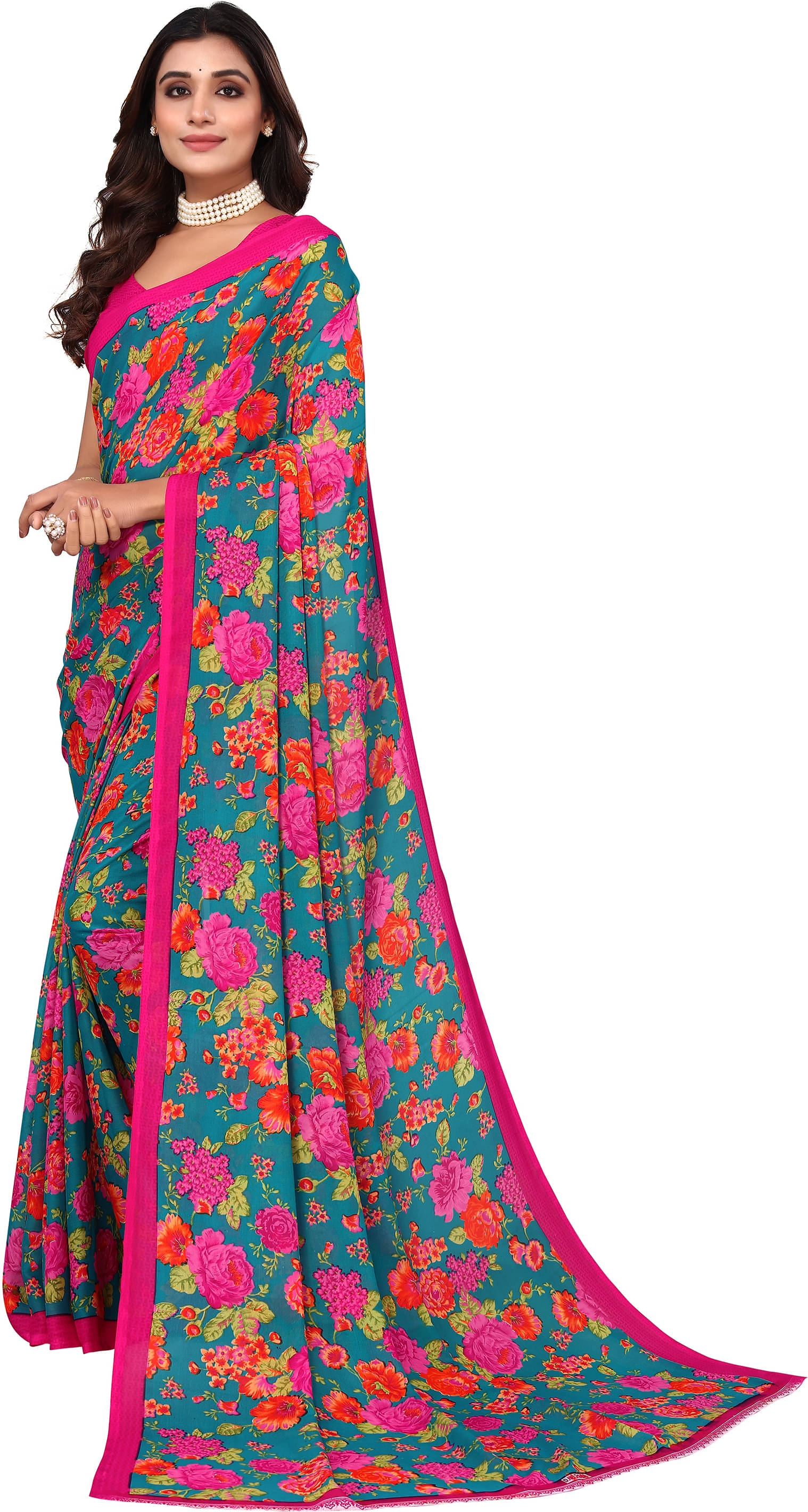    			Yashika Georgette Printed Saree With Unstitched Blouse Piece ( Green )