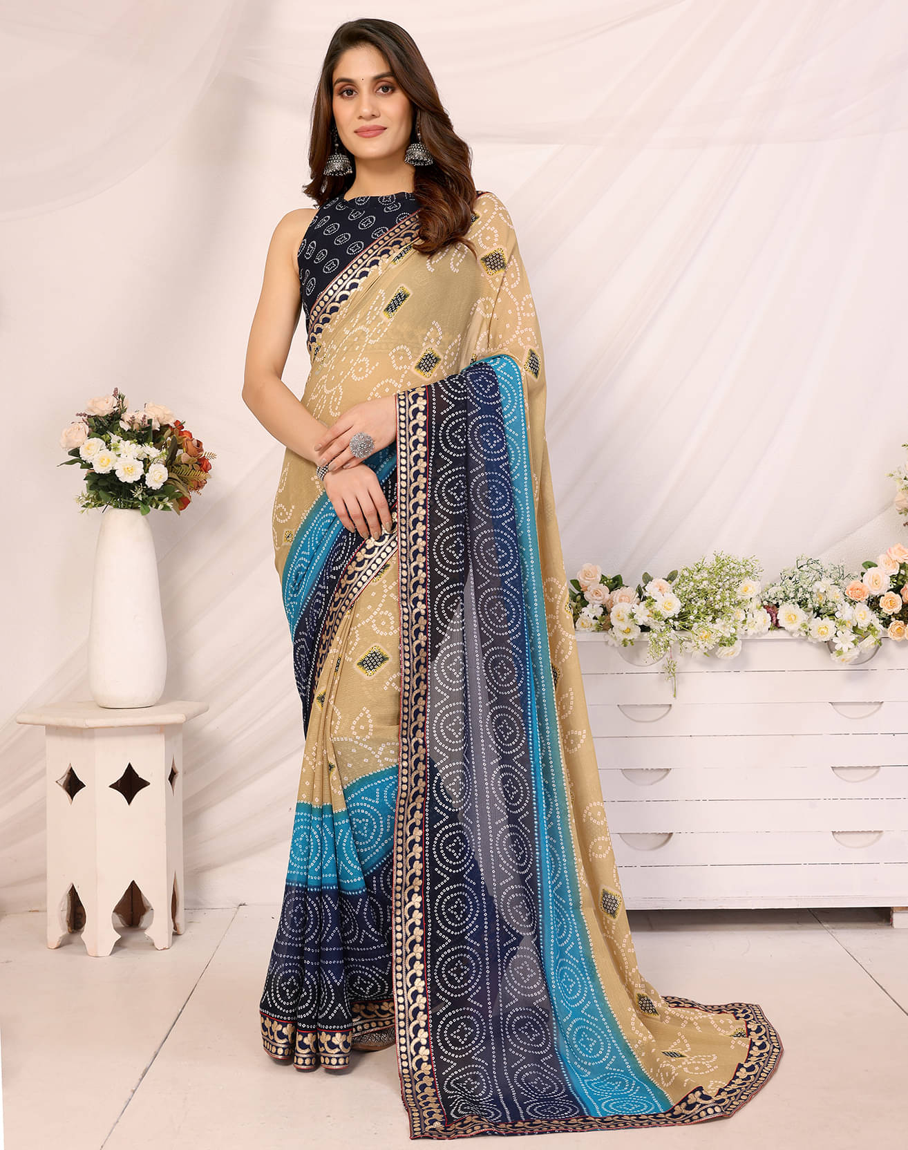 Yashika Georgette Printed Saree With Unstitched Blouse Piece ( Blue )     			Yashika Georgette Printed Saree With Unstitched Blouse Piece ( Blue )