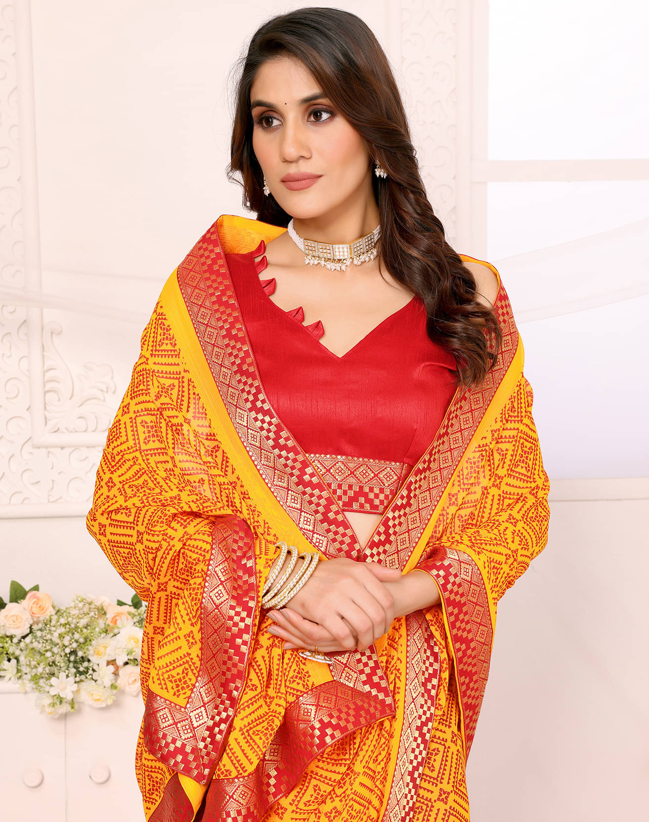 Yashika Georgette Printed Saree With Unstitched Blouse Piece ( Yellow ) Yashika Georgette Printed Saree With Unstitched Blouse Piece ( Yellow )