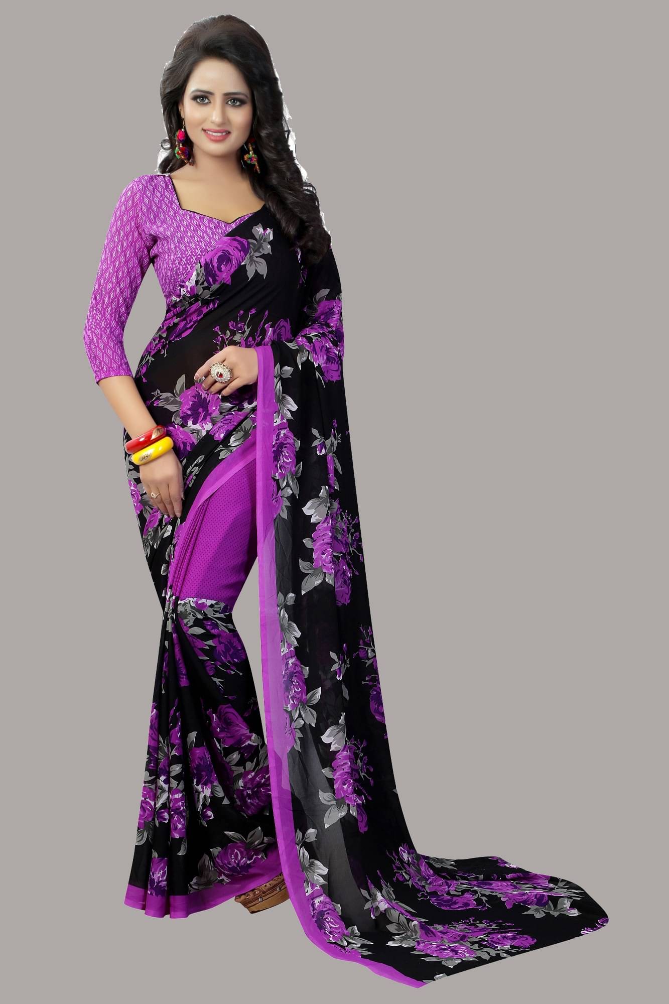     			Yashika Georgette Printed Saree With Unstitched Blouse Piece ( Purple )