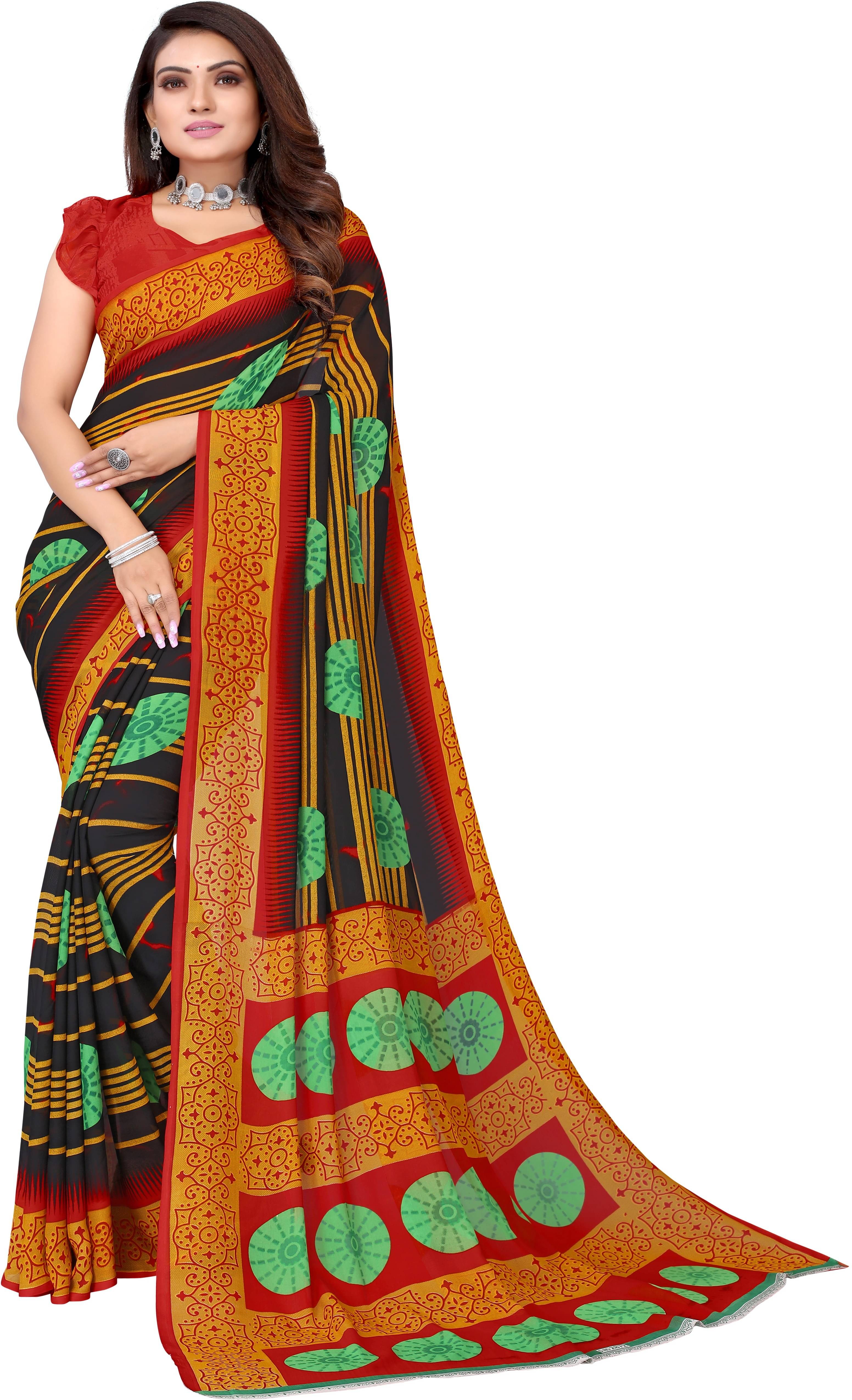 Yashika Georgette Printed Saree With Unstitched Blouse Piece ( Black ) Yashika Georgette Printed Saree With Unstitched Blouse Piece ( Black )
