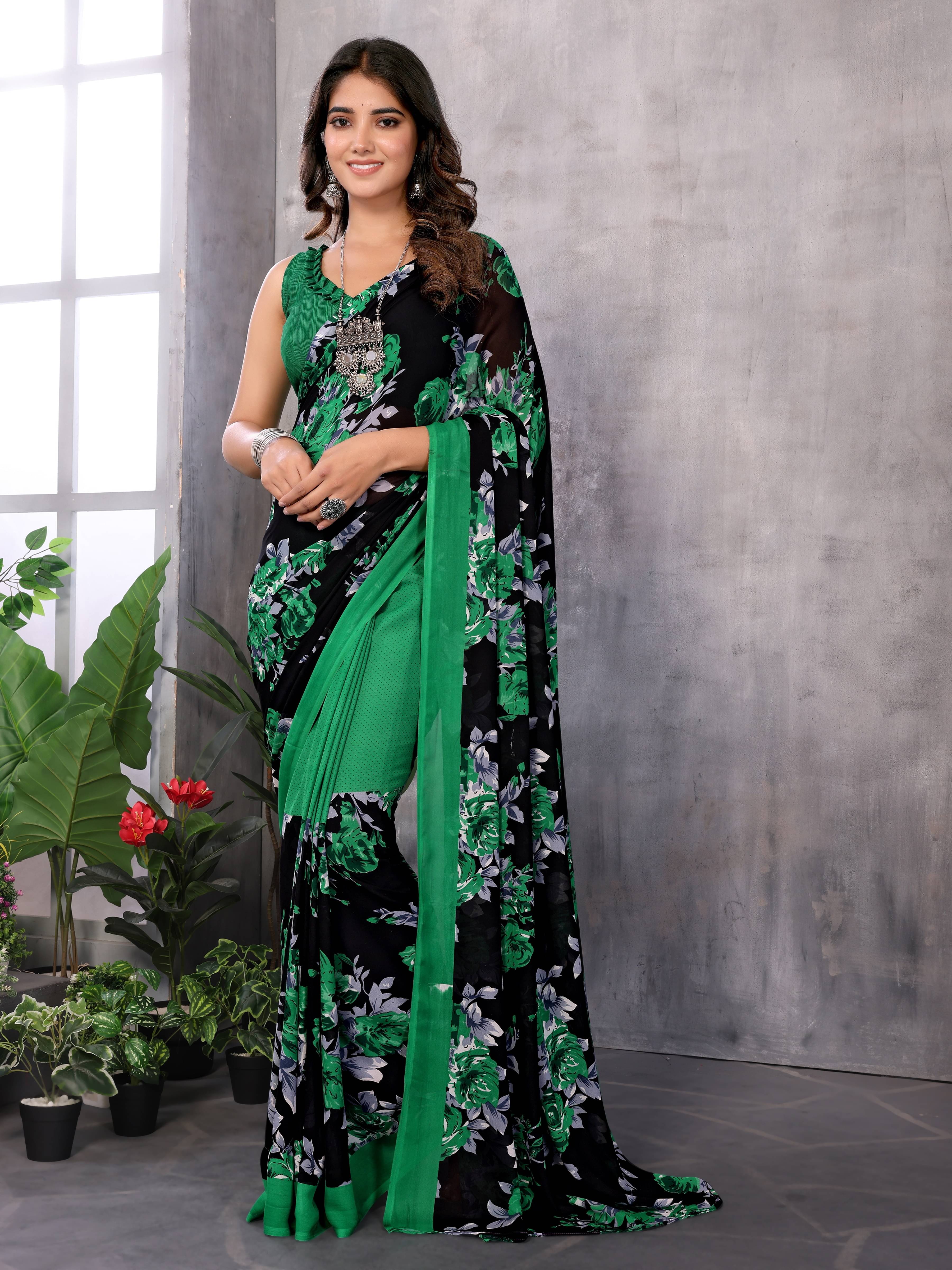 Yashika Georgette Printed Saree With Unstitched Blouse Piece ( Green )     			Yashika Georgette Printed Saree With Unstitched Blouse Piece ( Green )