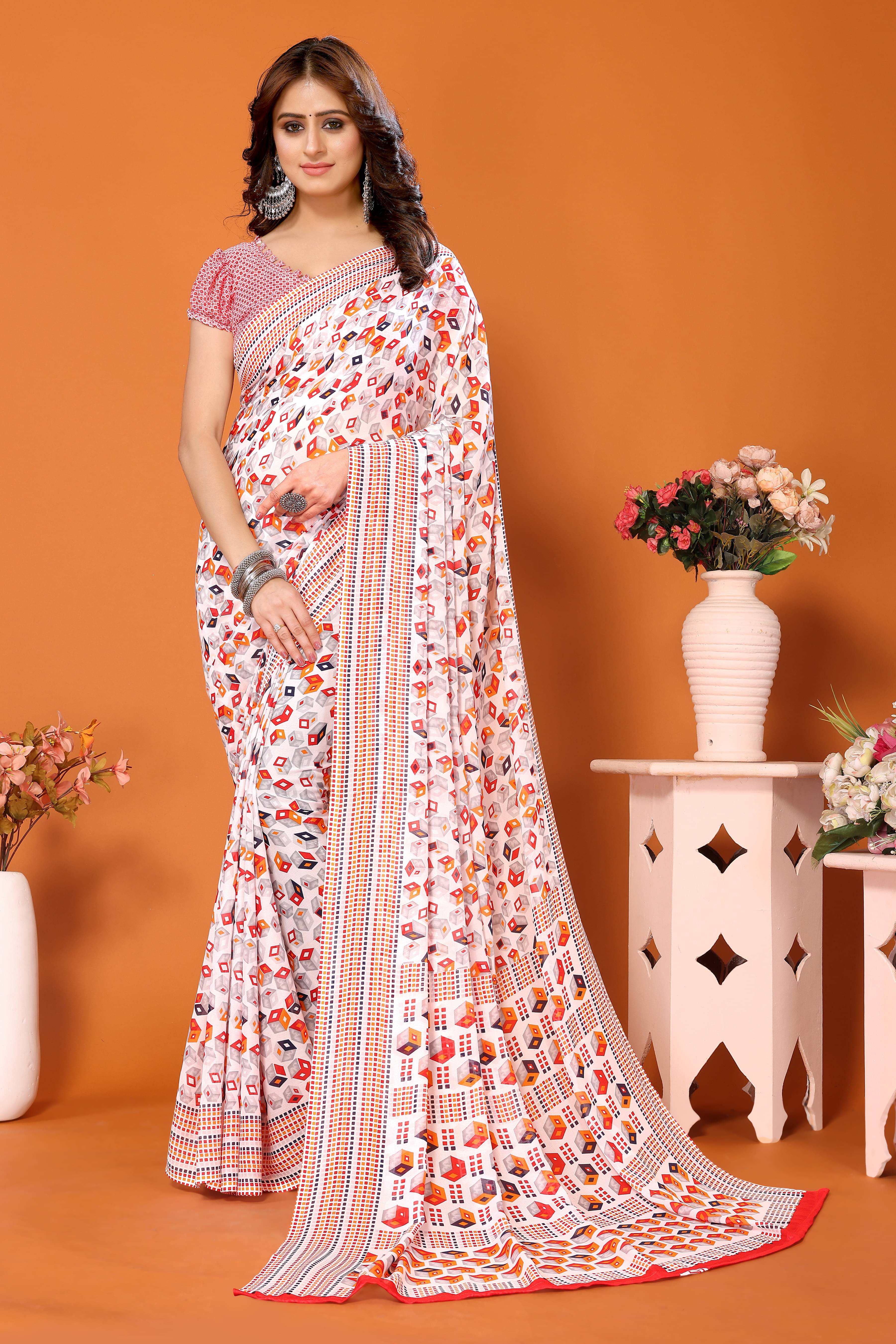     			Yashika Georgette Printed Saree With Unstitched Blouse Piece ( White )