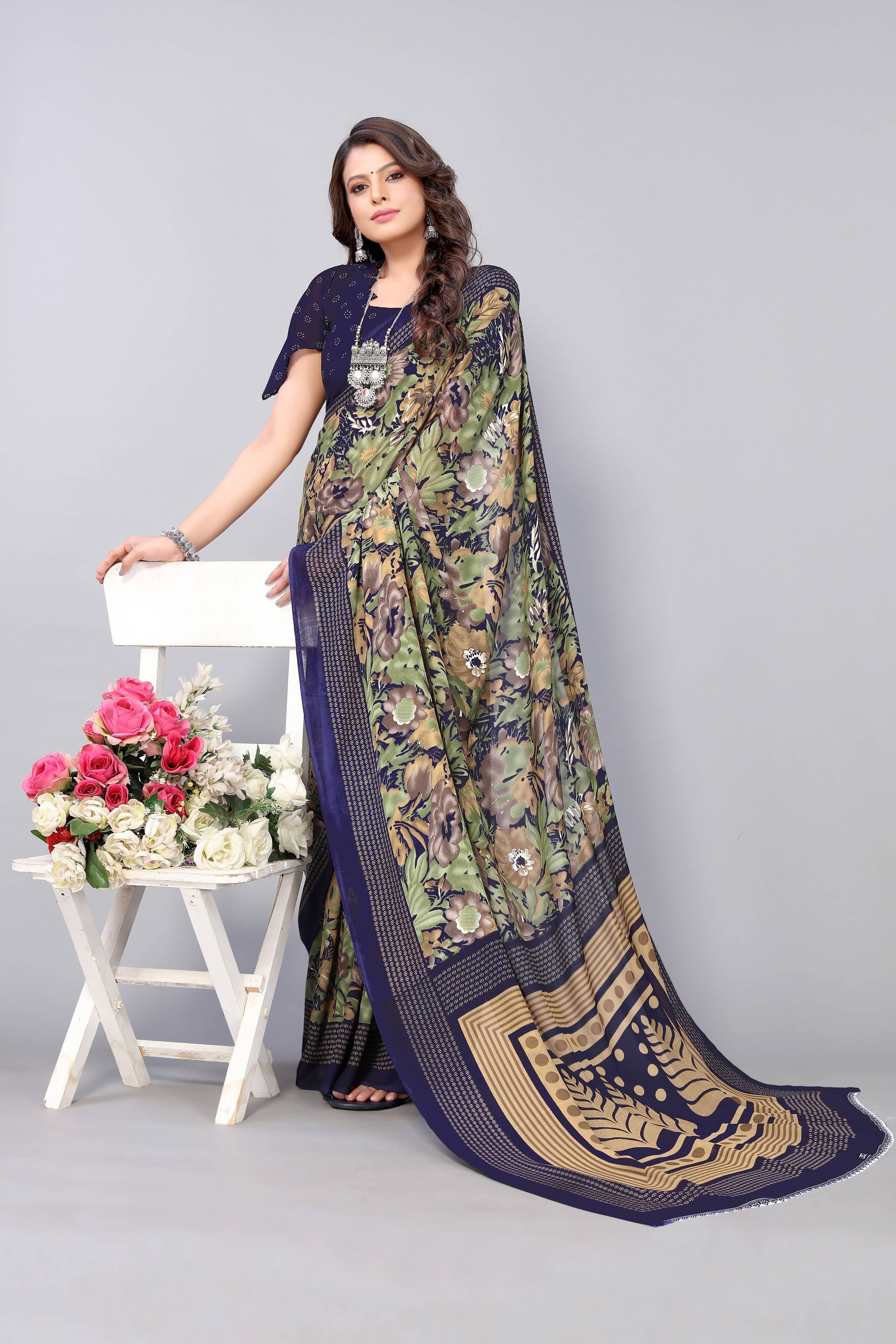    			Yashika Georgette Printed Saree With Unstitched Blouse Piece ( Blue )